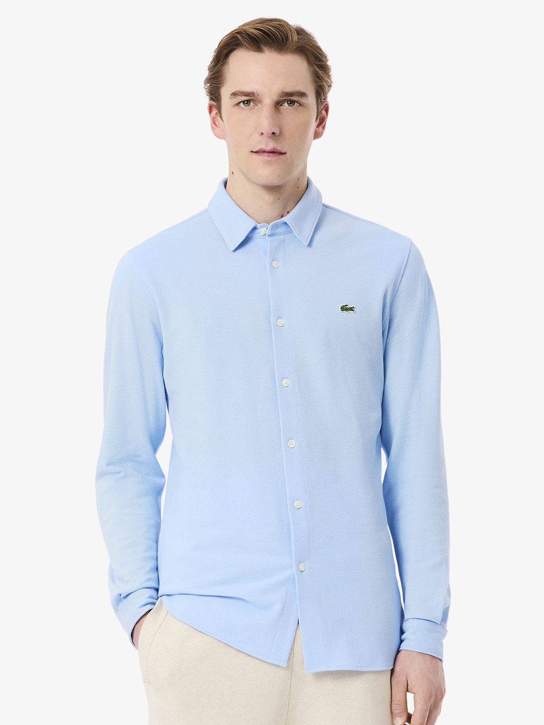 Lacoste Men Slim Fit Spread Collar Solid Cotton Casual Shirt