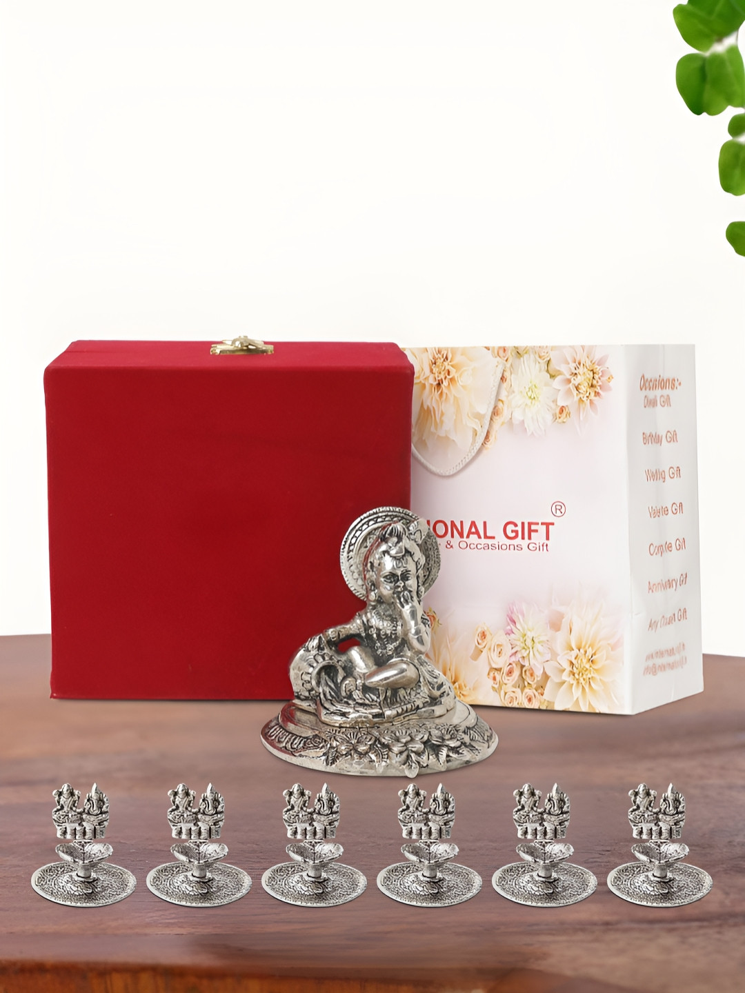 INTERNATIONAL GIFT Laddu Gopal Idol with 6 Diya, Velvet Box and Carry Bag Silver Metal Metallic Prayer Room Medium Showpiece - 3 Inches
