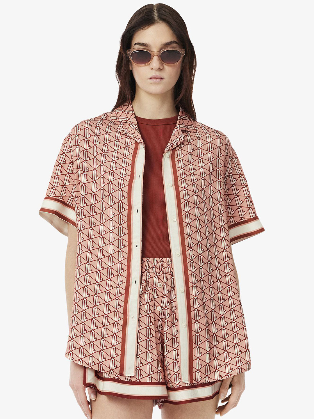 Lacoste Women Relaxed Fit Cuban Collar Geometric Printed Rayon Casual Shirt