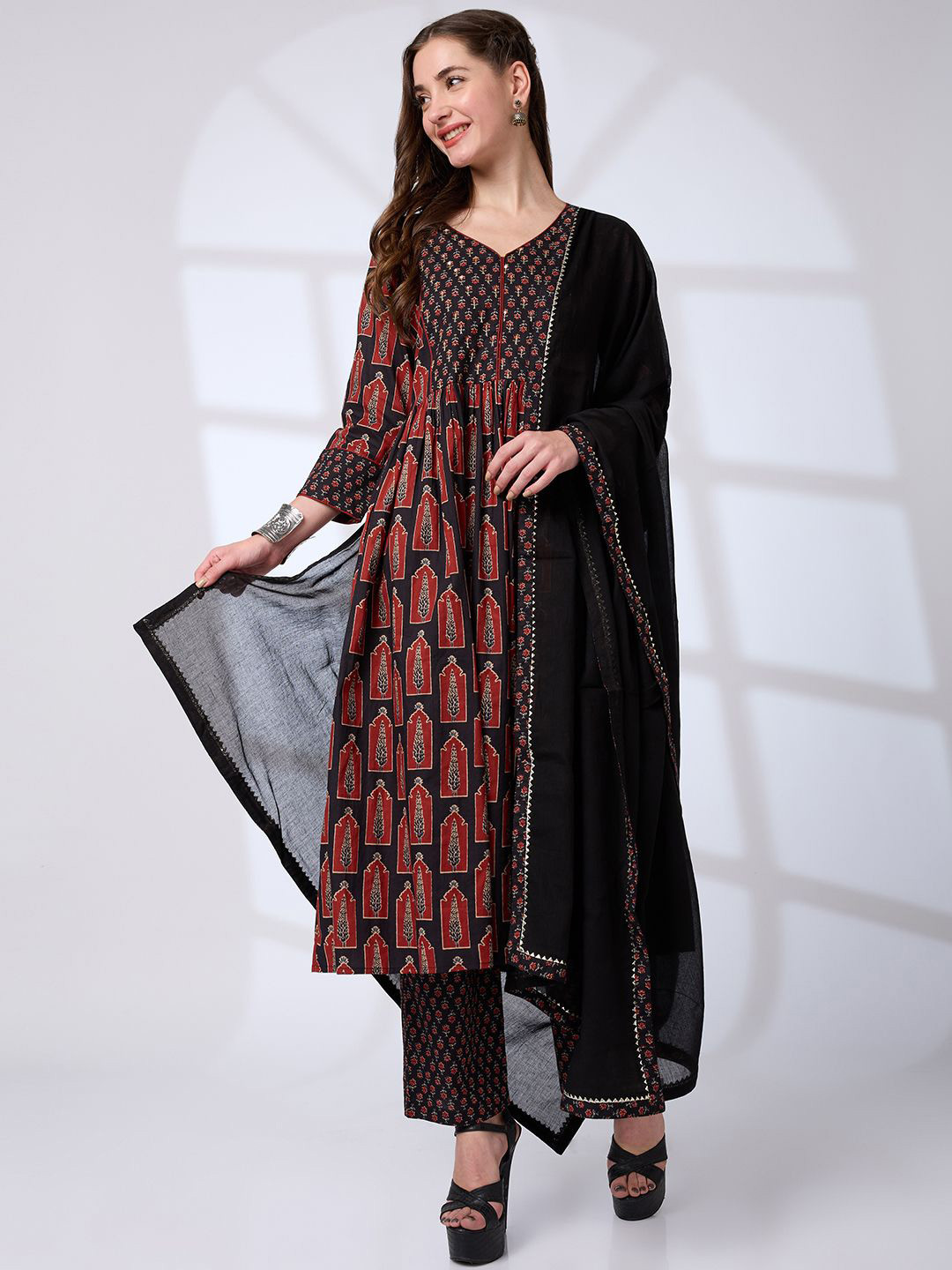Globus V-Neck Ethnic Print Sequin A-Line Kurta With Pant & Gotta Lace Dupatta Workwear Set
