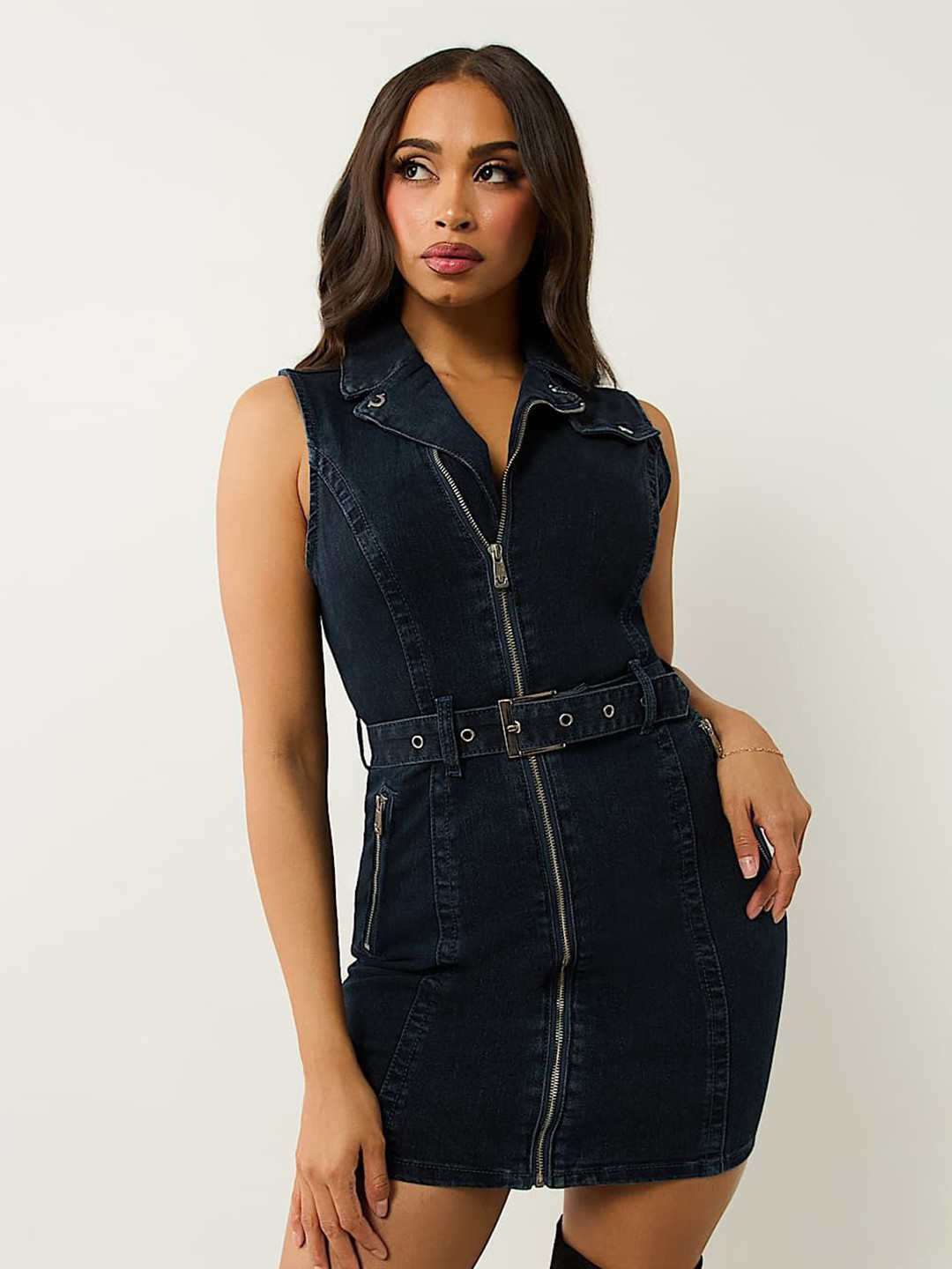 True Religion Women Lapel Collar Washed Denim Bodycon Mini Dress