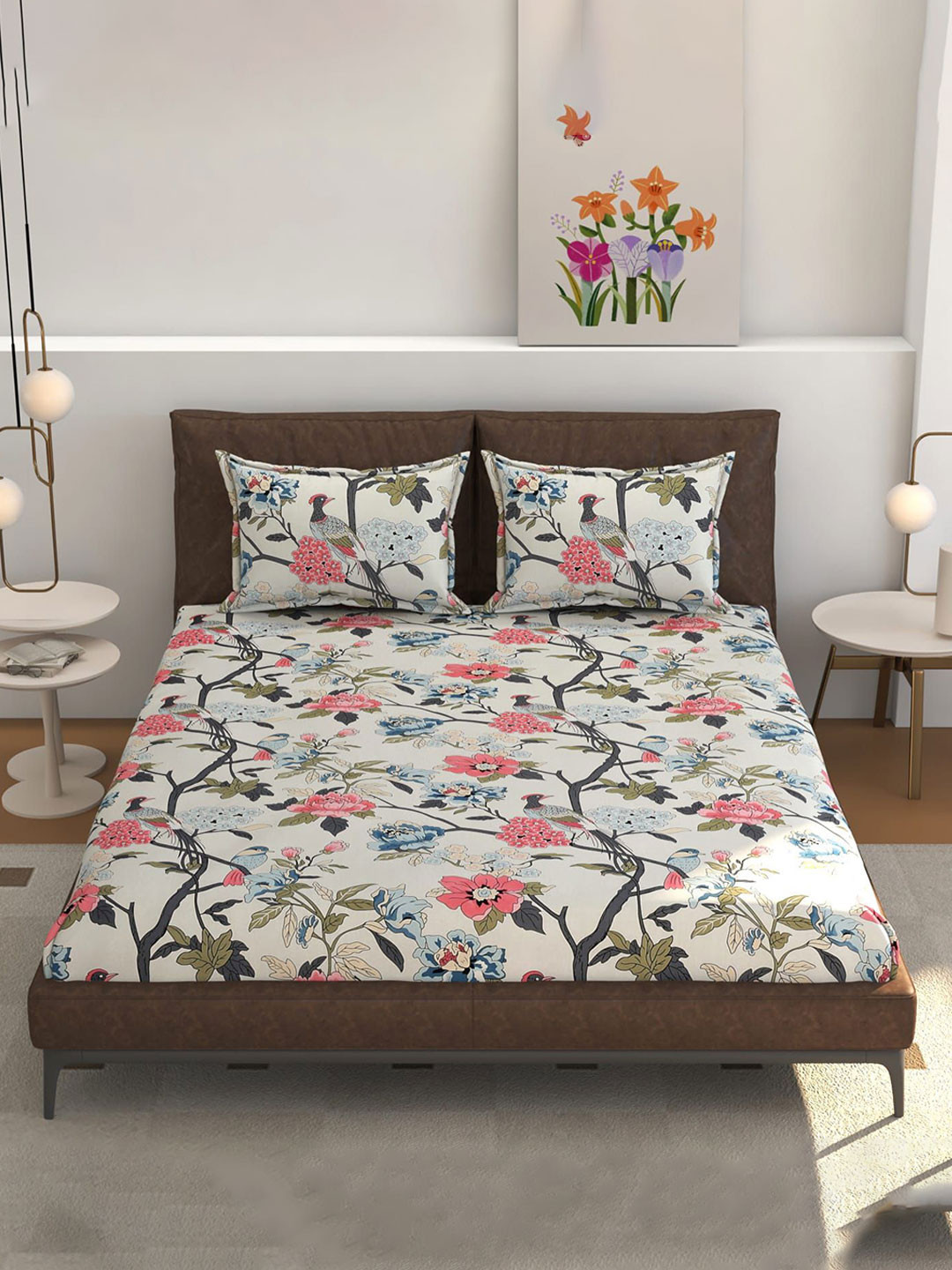 CLIO'S HERITAGE STORE Premium White Floral Cotton 210 TC Fitted Queen Fine Bedsheet with 2 Pillow Covers-177 x 182 x 20.32 cm