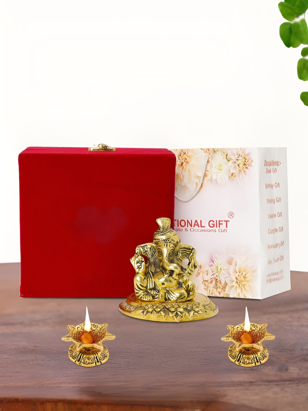 INTERNATIONAL GIFT Pagdi Ganesh Idol with Diya, Box and Carry Bag Gold Metal Metallic Prayer Room Set of 3 Small Showpieces - 3 Inches