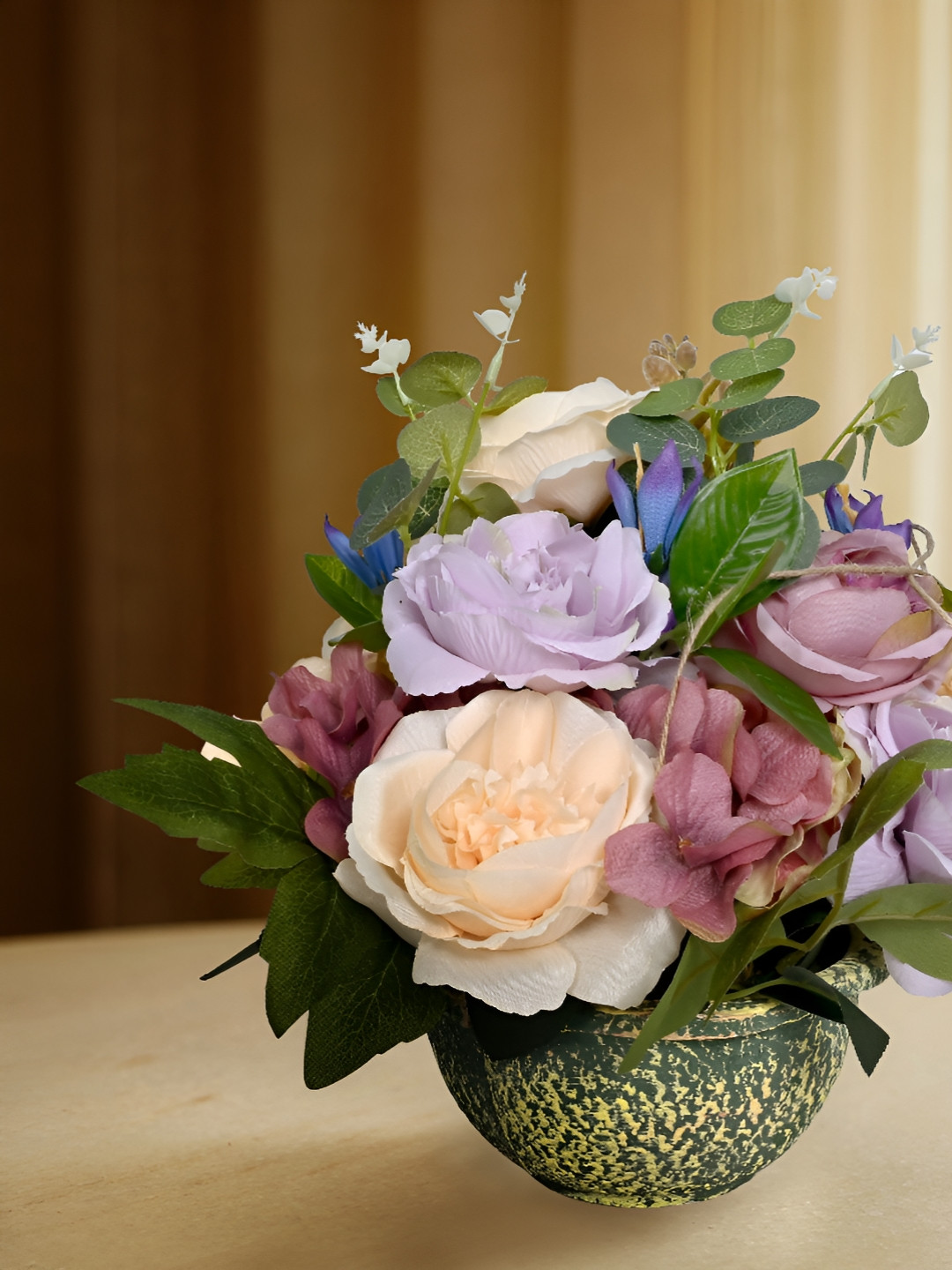 Cortina Green And Purple Rose Artificial Flower With Pot