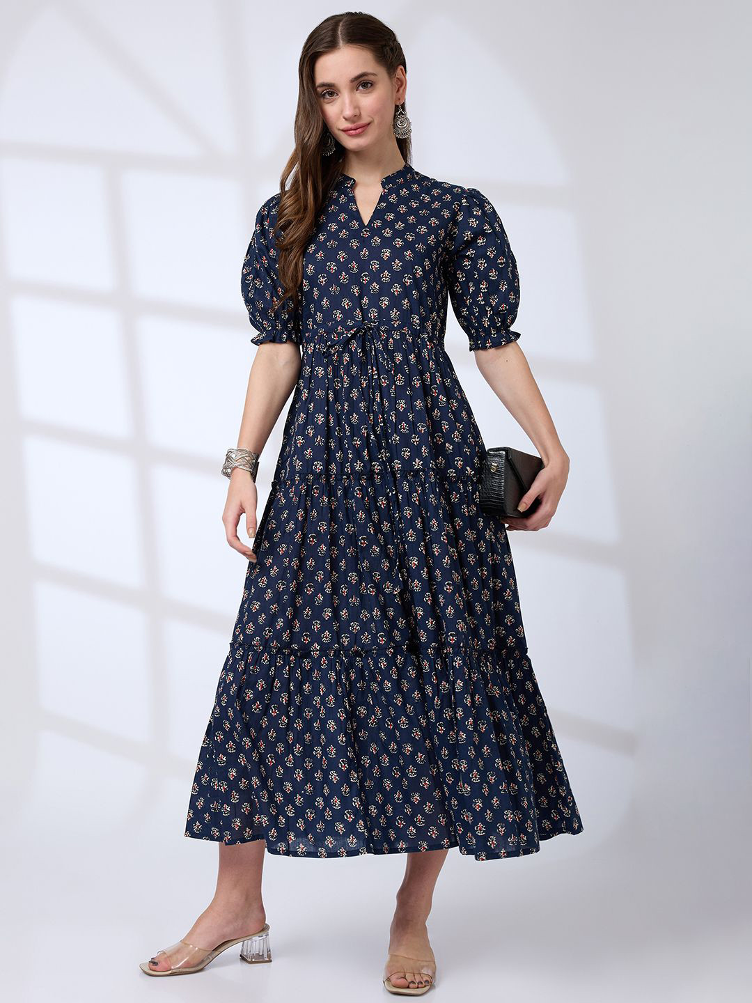 Globus Mandarin Collar Puff Sleeves Waist Tie-Ups Tiered A-Line Work Wear Midi Dress