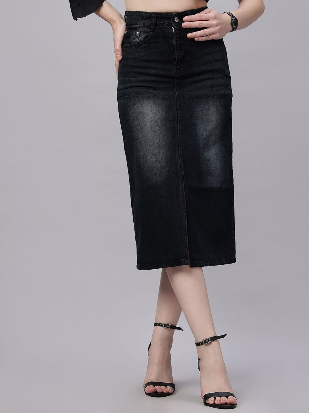 ZUYA Women Black Whisker Edgy Urban Style Denim Skirt