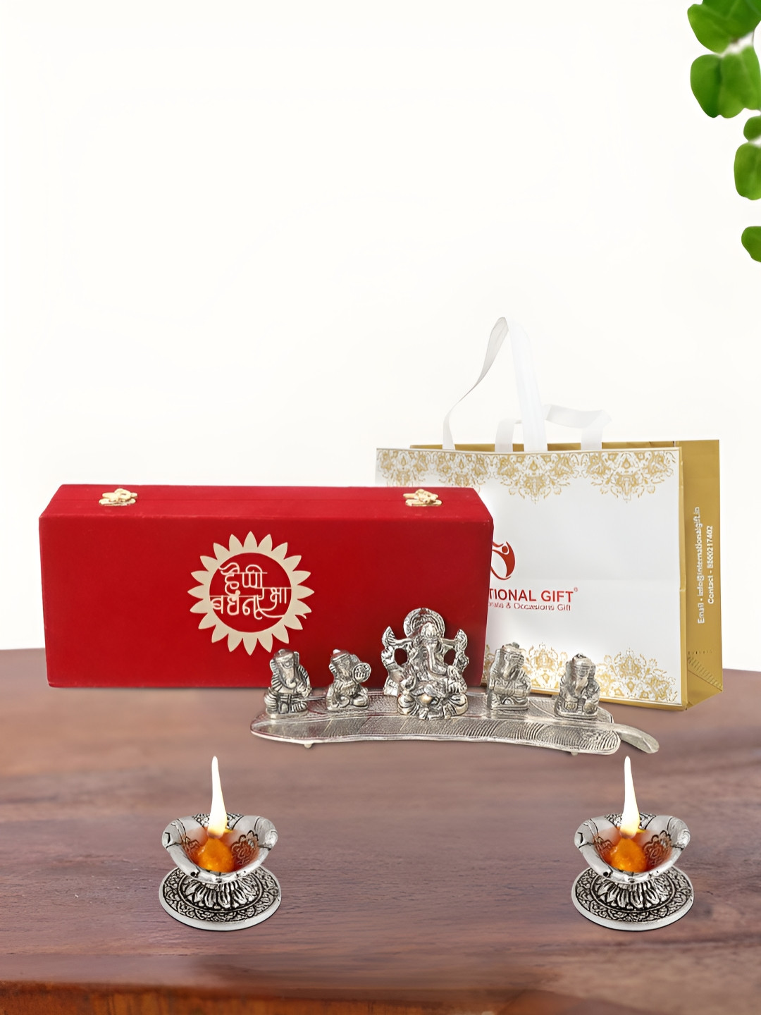 INTERNATIONAL GIFT Musical Ganesh with Diya Silver Metal Metallic Prayer Room Music Set of 3 Small Showpieces - 3 Inches