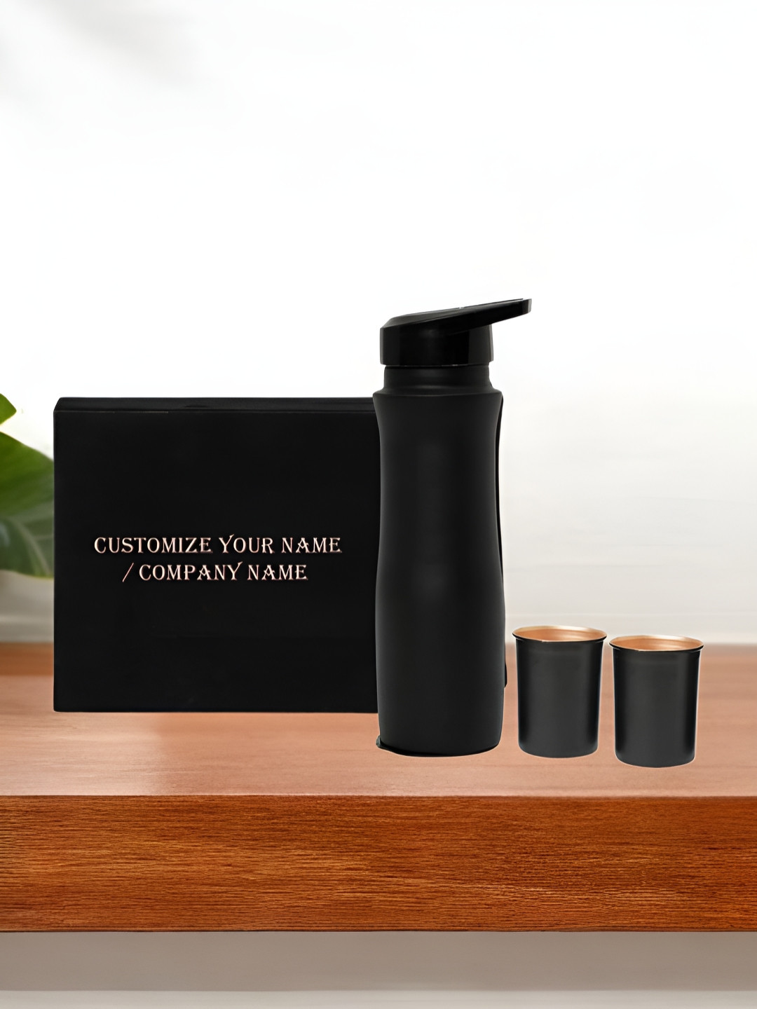 INTERNATIONAL GIFT Black 3 Pieces Pure Copper Single Water Bottle With Glass Home Gift Set