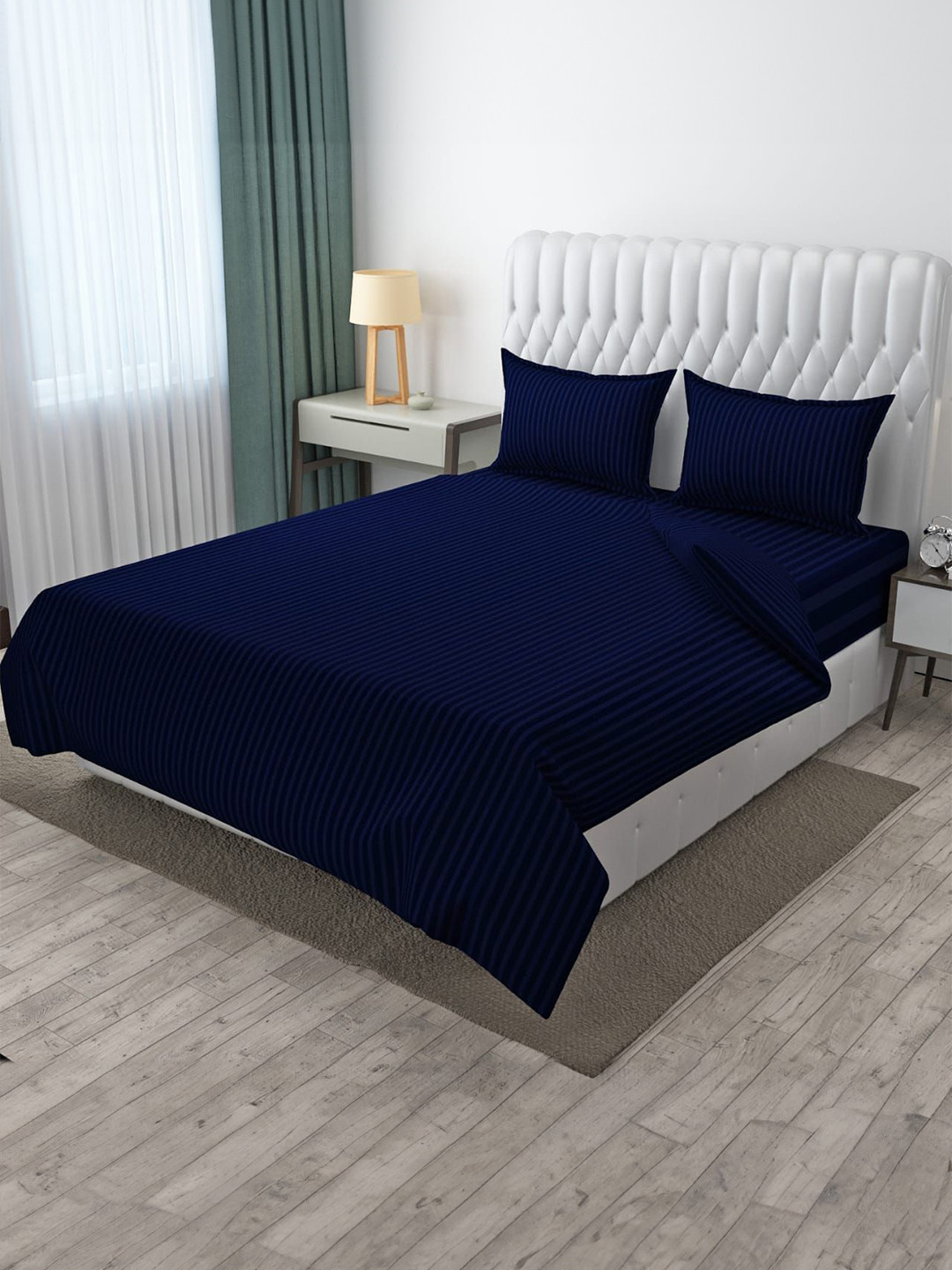 CLIO'S HERITAGE STORE Blue Striped Cotton 210 TC Queen Fine Bedsheet with 2 Pillow Covers-100 x 89 inches