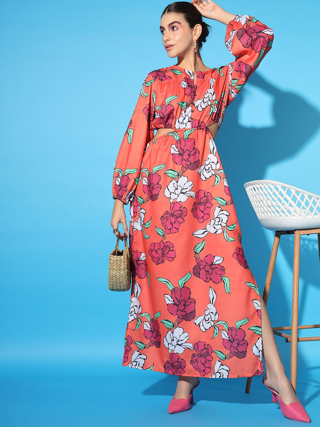 BAESD Floral Print Bishop Sleeves Cut-Outs Flared Slit Hem Fit & Flare Maxi Dress