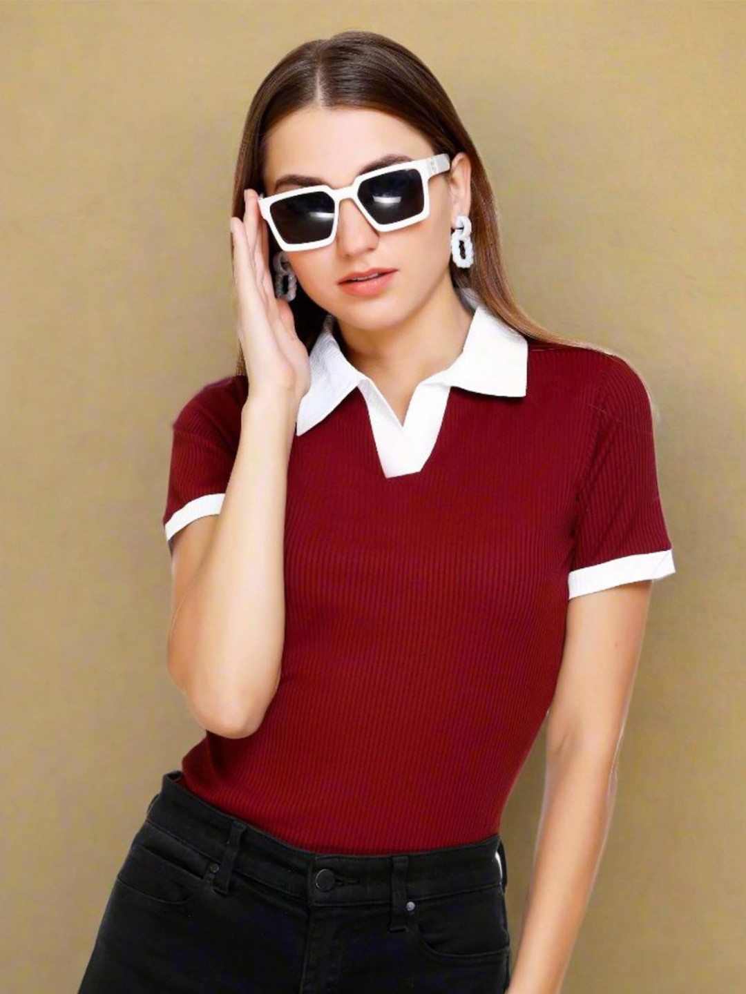 White Moon Shirt Collar Solid Top