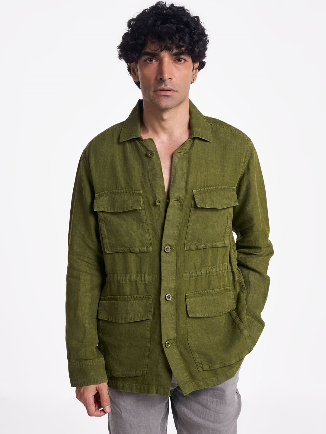 Terra Luna Men Spread Collar Solid Cotton Casual Shacket