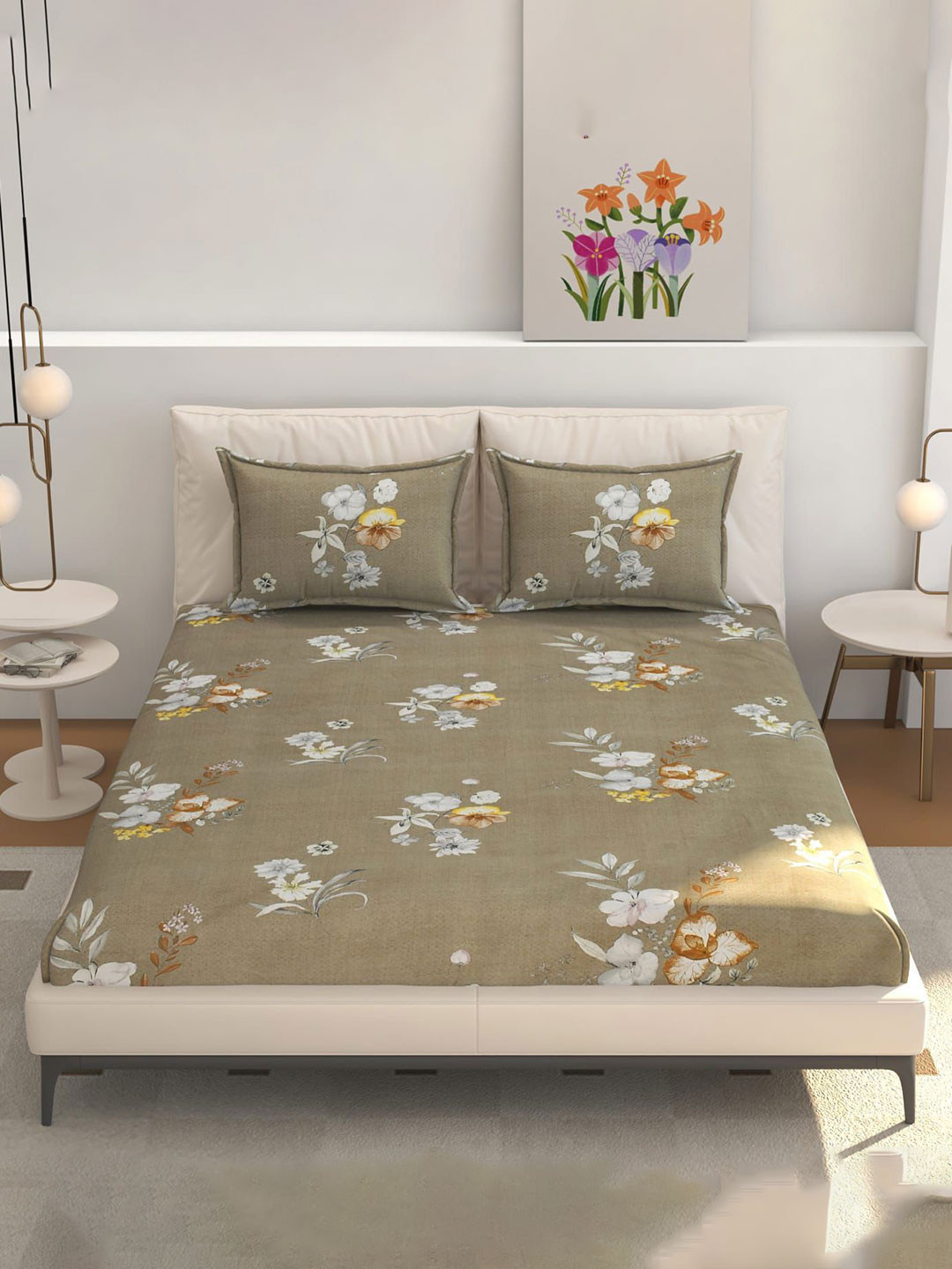 CLIO'S HERITAGE STORE Premium Beige Floral Cotton 210 TC Fitted Queen Fine Bedsheet with 2 Pillow Covers-70 x 72 inches