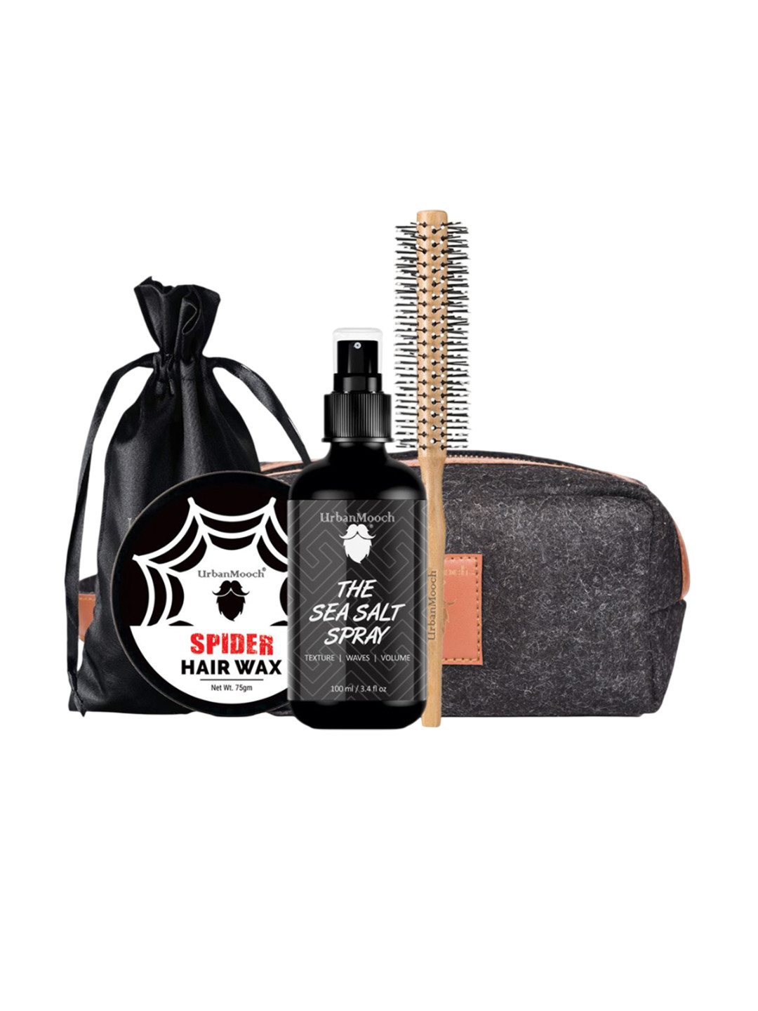 UrbanMooch Set Of 4 Spider Hair Wax 75 g, The Sea Salt Spray 100 ml, Hair Brush & Bag