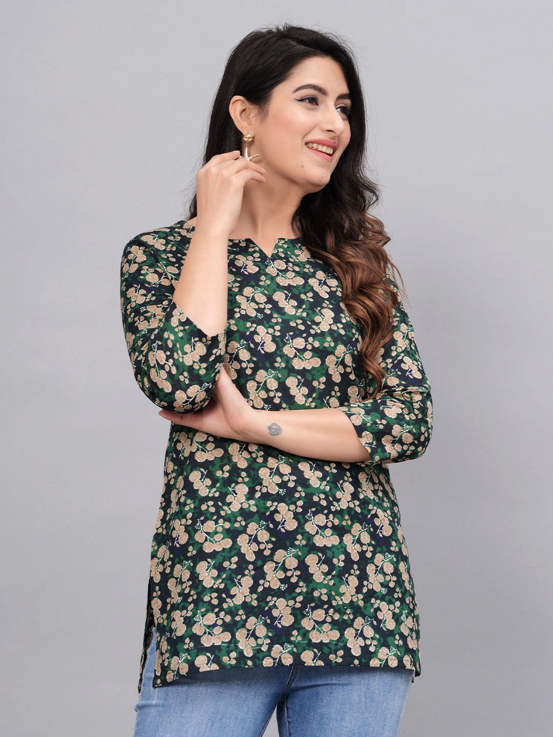Fmkcreation Women Floral Print V-Neck Ethnic Cotton Regular Top