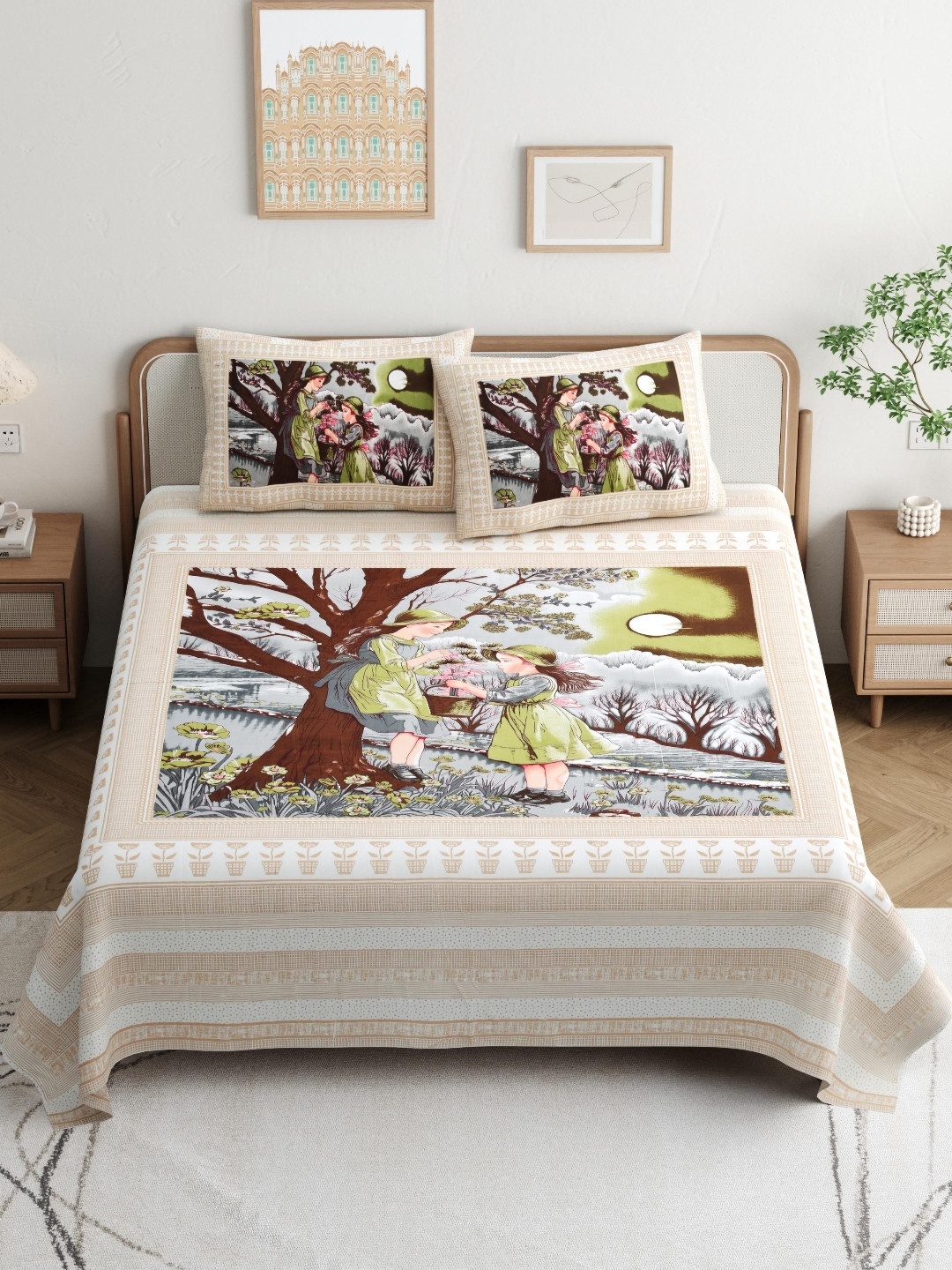 JAIPUR PRIME Magnet Jaipuri Treaditional Beige Ethnic Motifs Cotton 180 TC King Fine Bedsheet with 2 Pillow Covers-43 x 39 inches