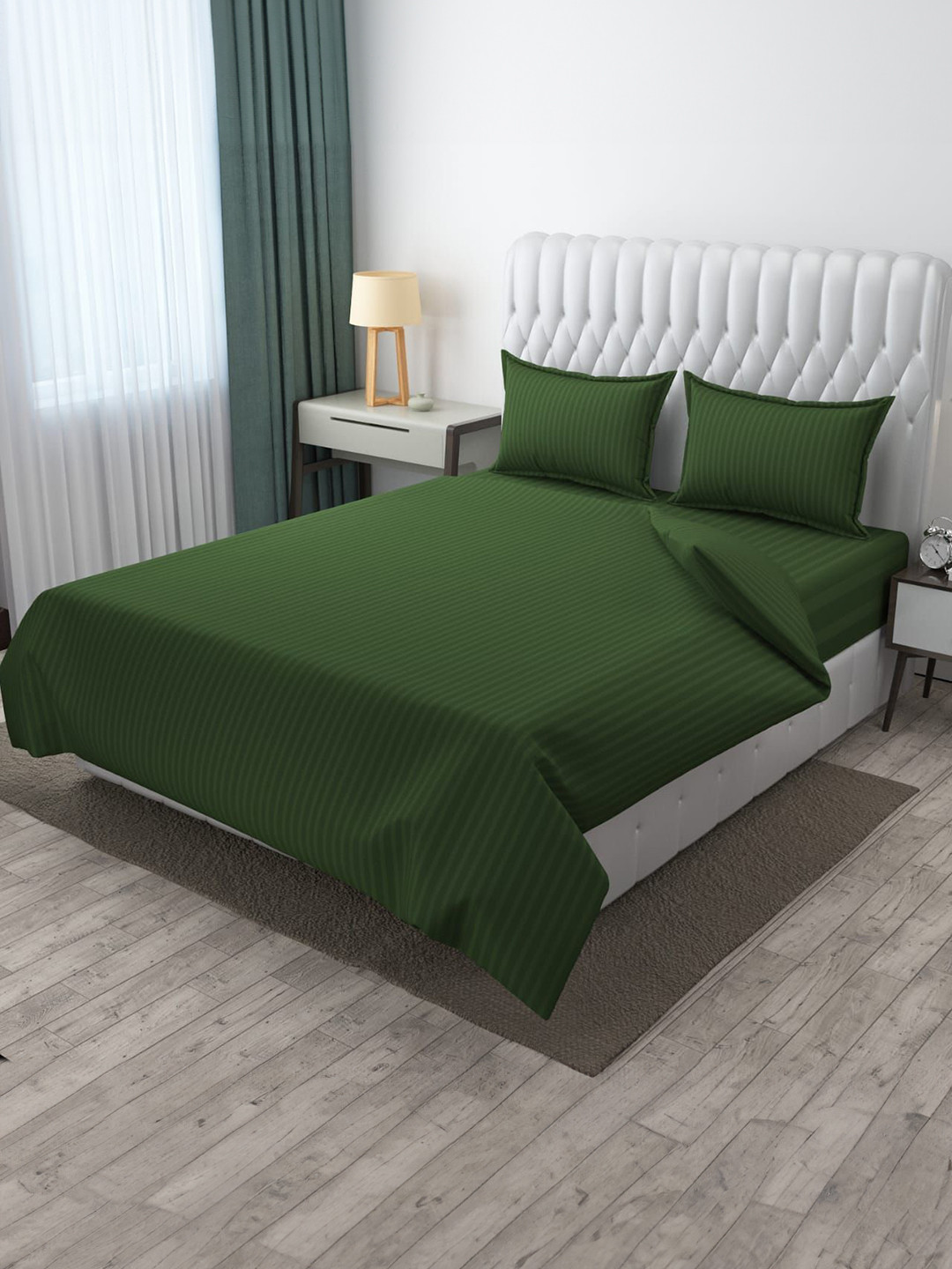 CLIO'S HERITAGE STORE Premium Green Striped Cotton 210 TC Queen Fine Bedsheet with 2 Pillow Covers-87 x 100 inches
