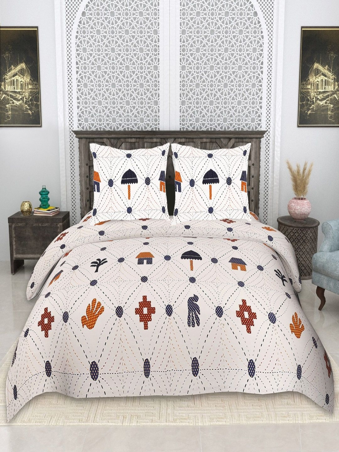 CHICERY Ultra Soft Beige Ethnic Motifs Pure Cotton 210 TC King Bedsheet with 2 Pillow Covers-108 x 108 inches