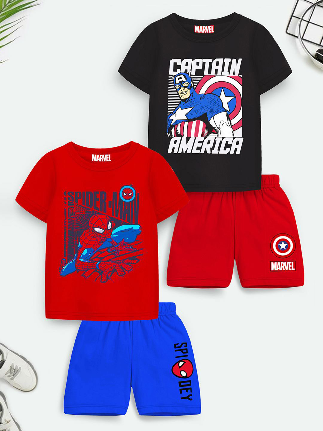 Marvel by Miss and Chief Boys Pack Of 2 Printed Round Neck T-Shirts With Shorts