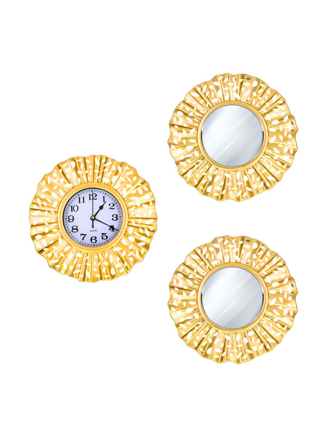 Myntra Elegant Homes Gold-Toned & White 3 Pcs Textured Contemporary Wall Clock