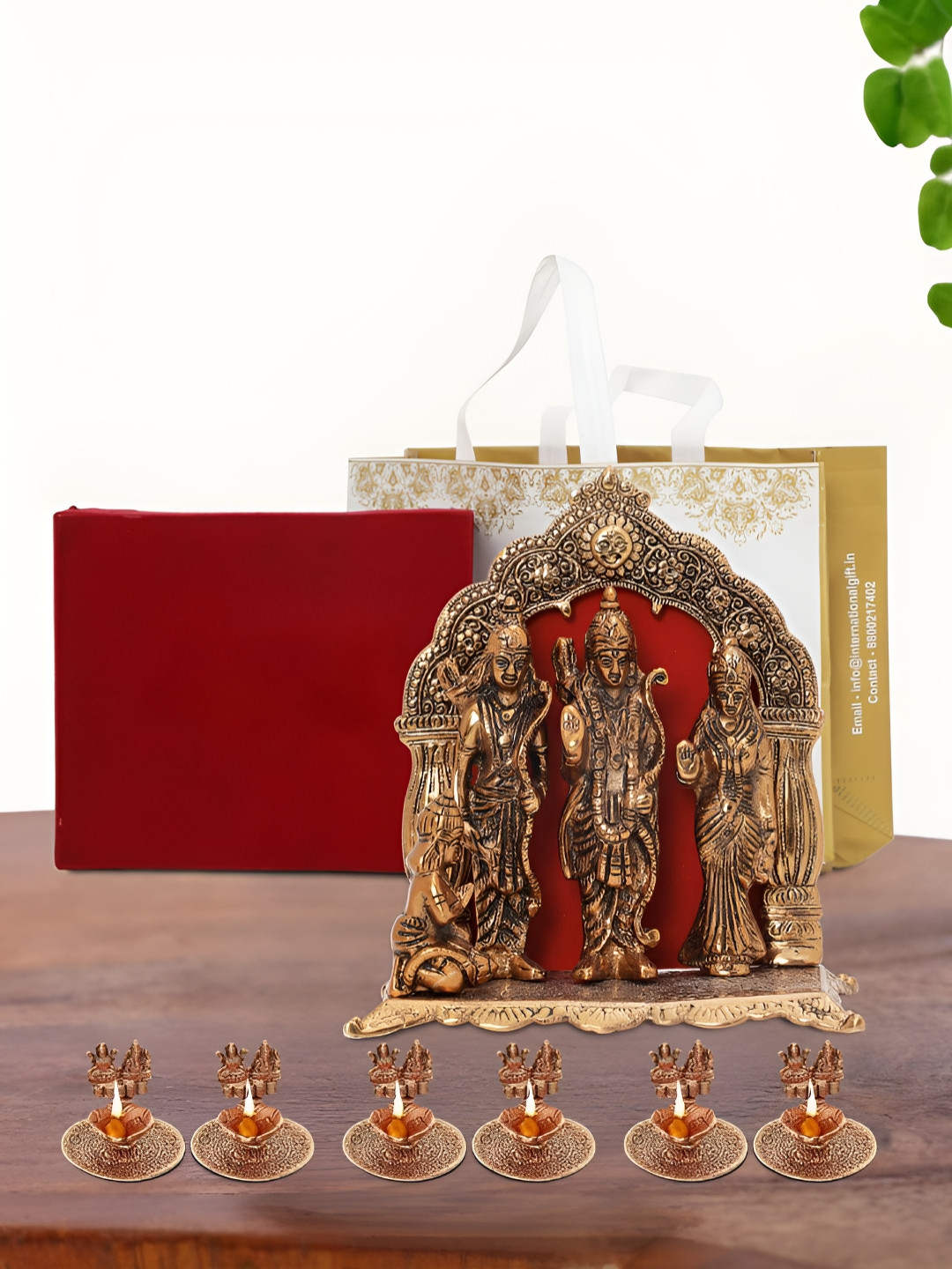 INTERNATIONAL GIFT Ram Darbar Idol with 6 Diya, Velvet Box and Carry Bag Copper Metal Matte Prayer Room Lights Large Showpiece - 9.5 Inches