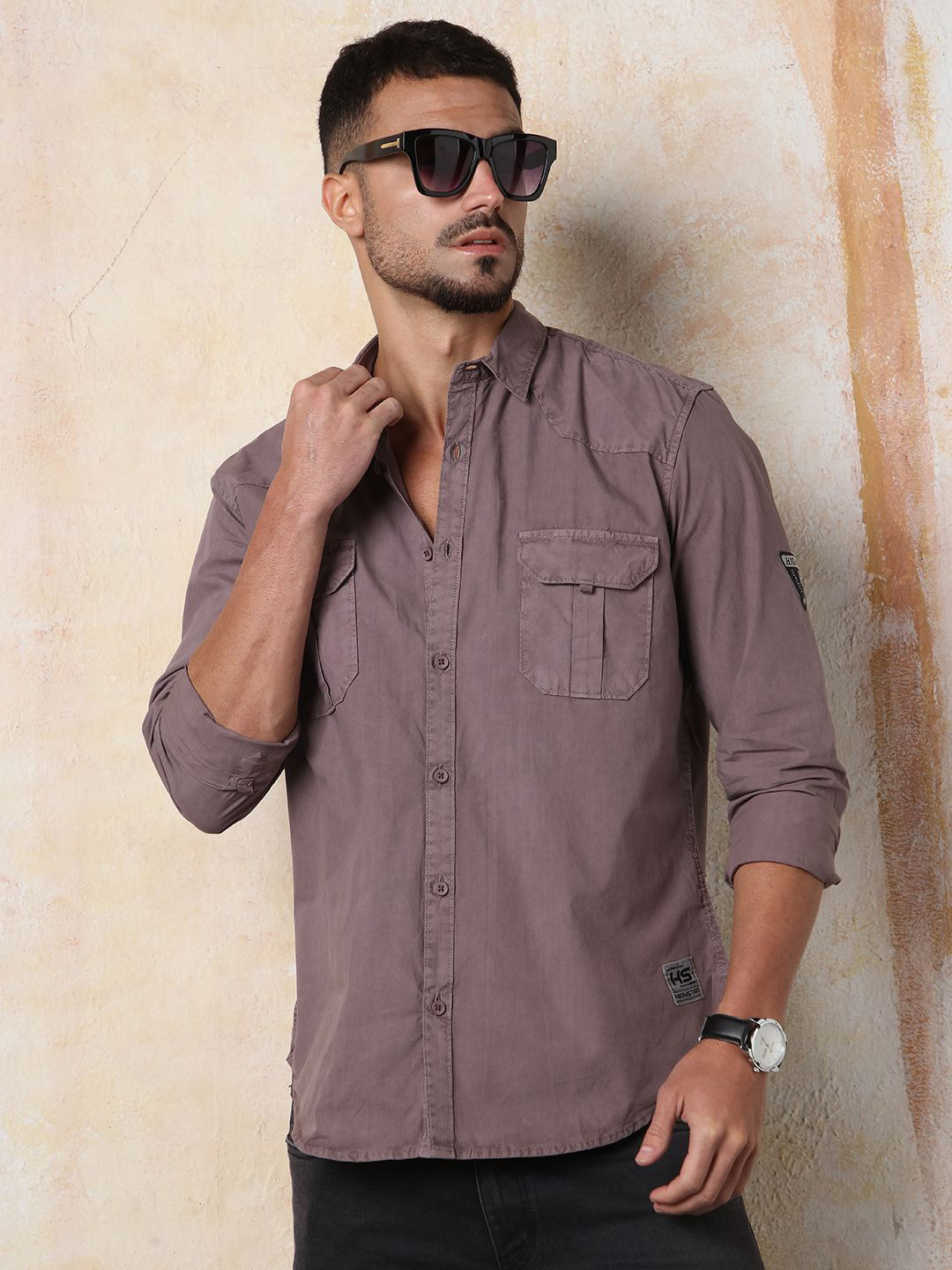 High Star Men Regular Fit Utility Heavy Washed Spread Collar Solid Cotton Casual Shirt