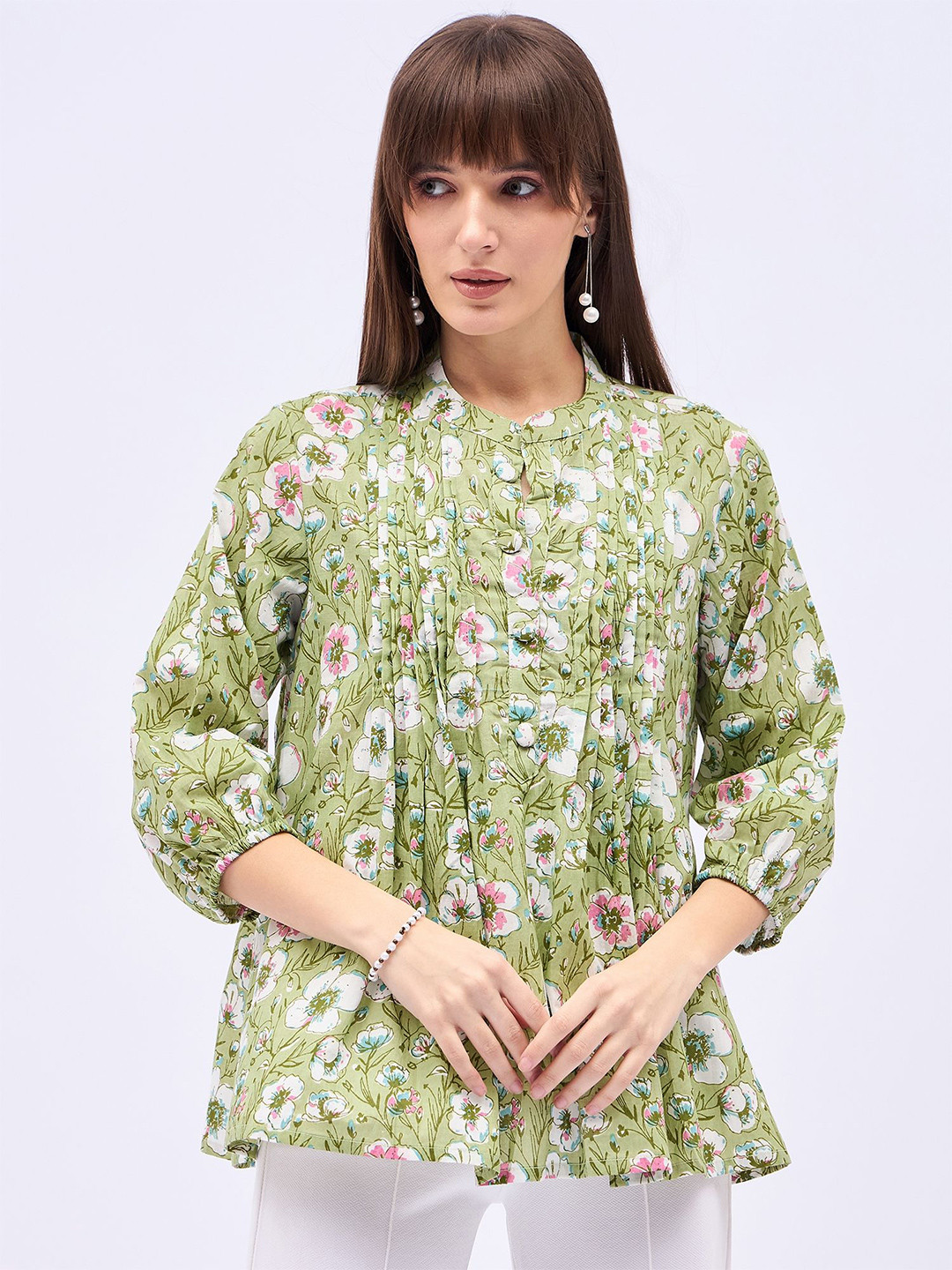 DressBerry Women Floral Printed Mandarin Collar Satin Top
