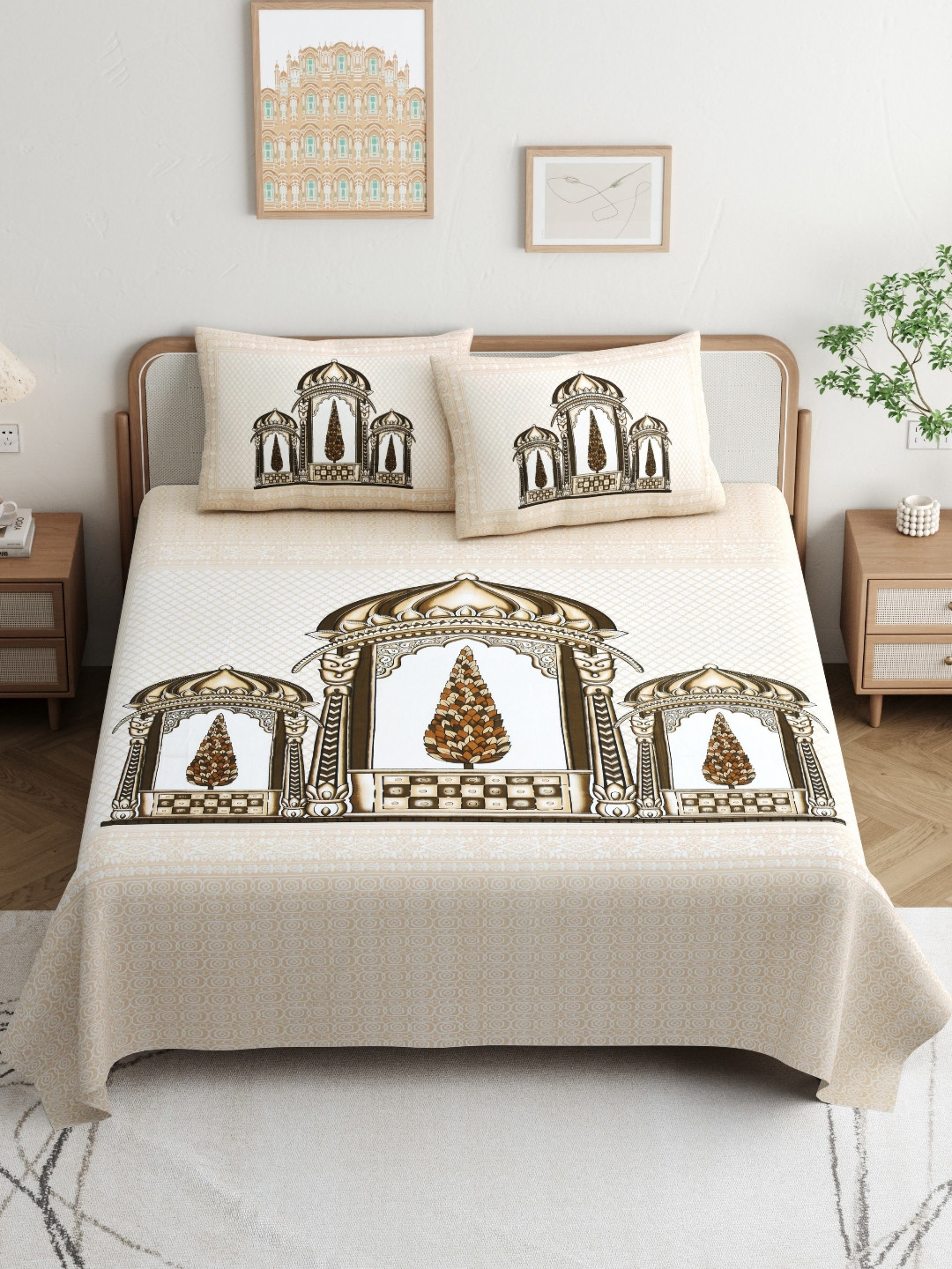 JAIPUR PRIME Magnet White Ethnic Motifs Cotton 180 TC King Superfine Bedsheet with 2 Pillow Covers-108 x 100 inches