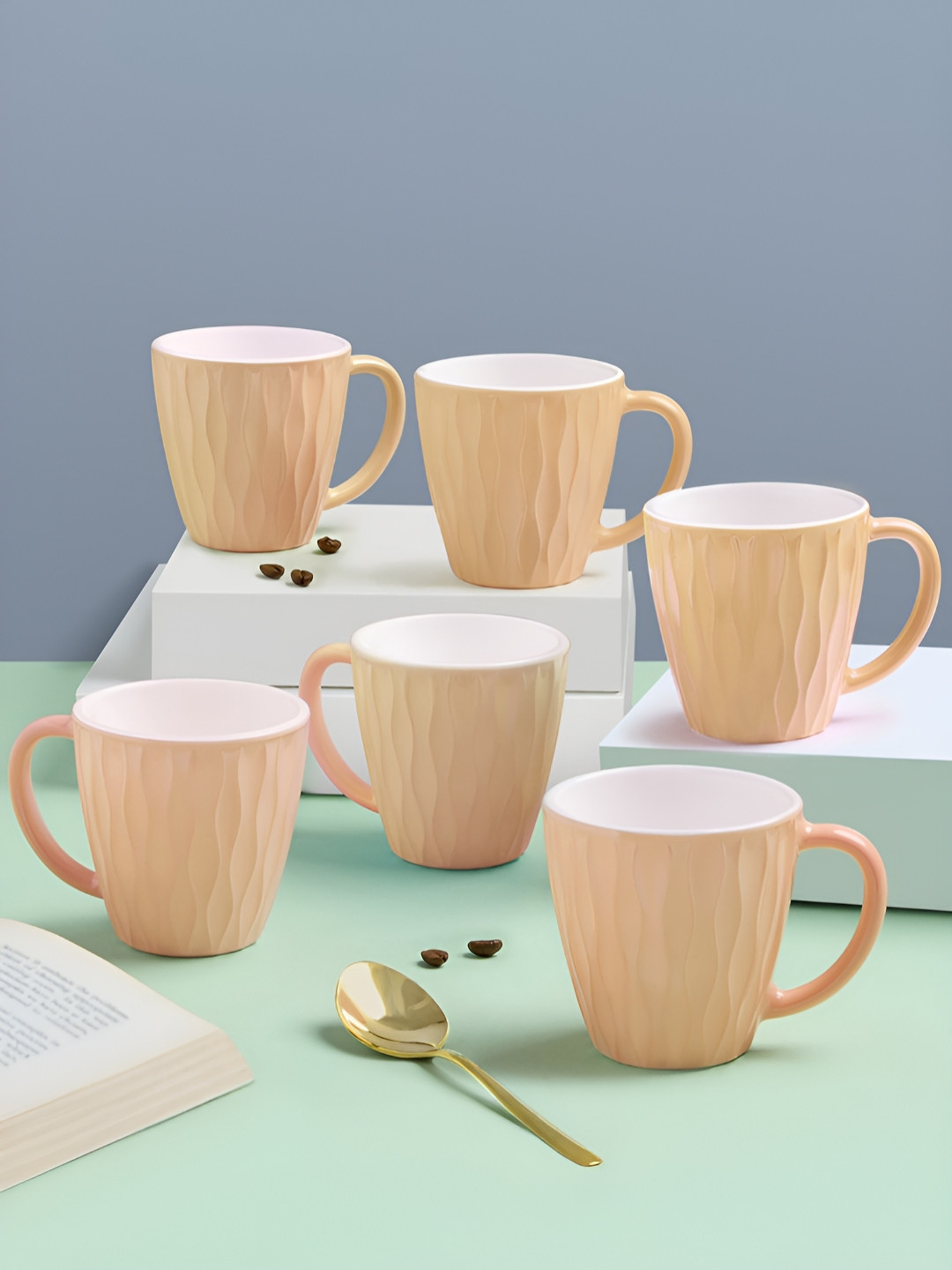 Larah by BOROSIL True Love True Life Peach Textured Opalware Microwave Safe 6 Piece Mugs-200ml