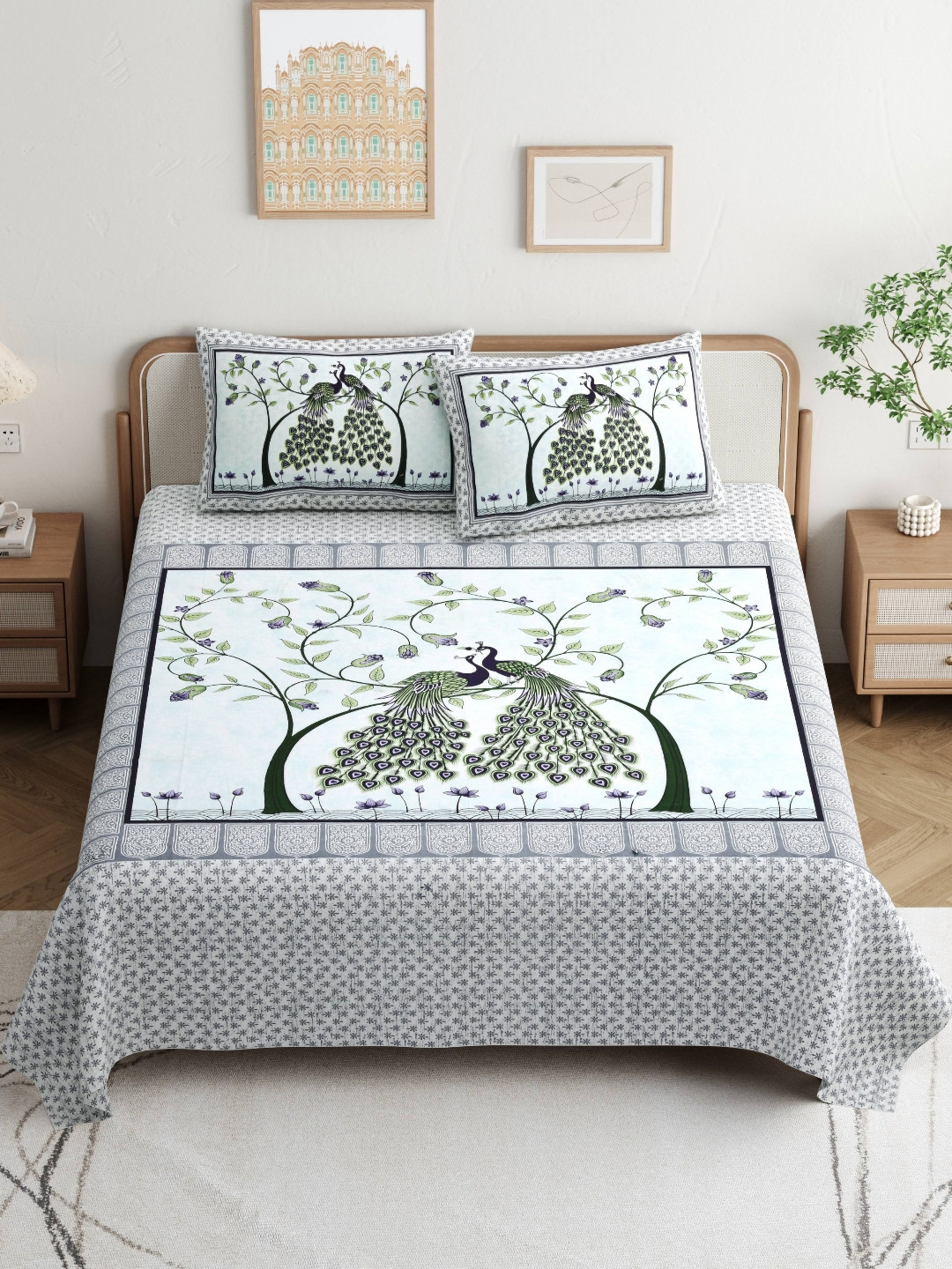 JAIPUR PRIME Magnet Green Ethnic Motifs Pure Cotton 180 TC King Superfine Bedsheet with 2 Pillow Covers-108 x 100 inches