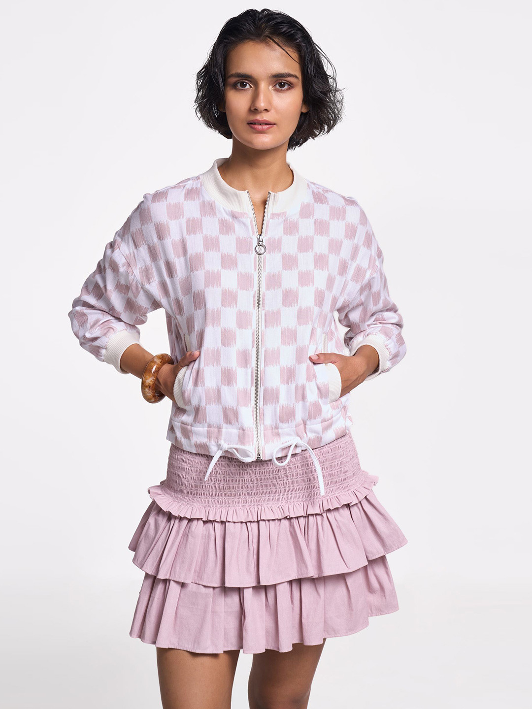 Terra Luna Octan Women Checked Mandarin Collar Neck Long Sleeves Bomber Jackets