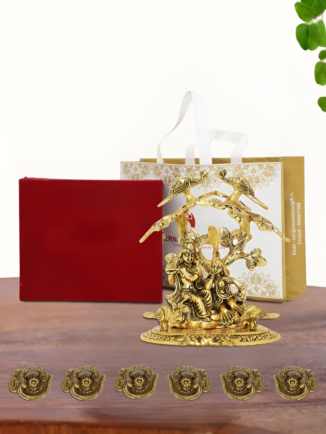 INTERNATIONAL GIFT Radha Krishna Idol with 6 Diya, Velvet Box and Carry Bag Gold Metal Metallic Prayer Room Medium Showpiece - 3.1 Inches