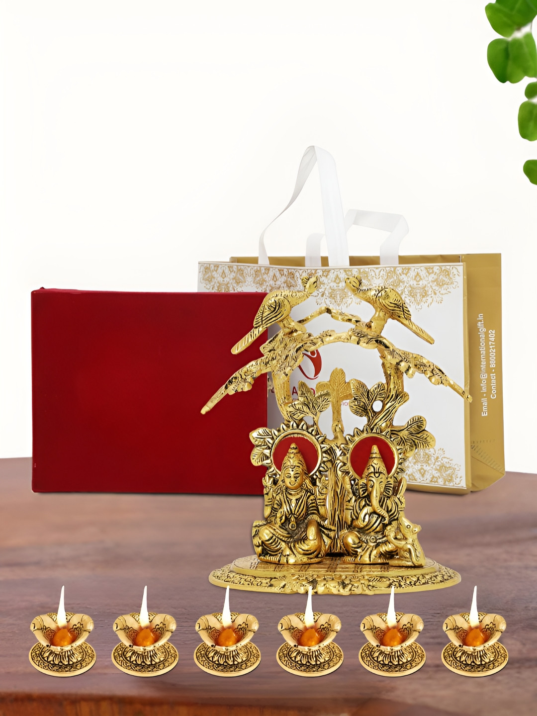 INTERNATIONAL GIFT Laxmi Ganesh Idol with 6 Diya, Velvet Box and Carry Bag Gold Aluminium Metallic Prayer Room Tiny Showpiece - 3.1 Inches