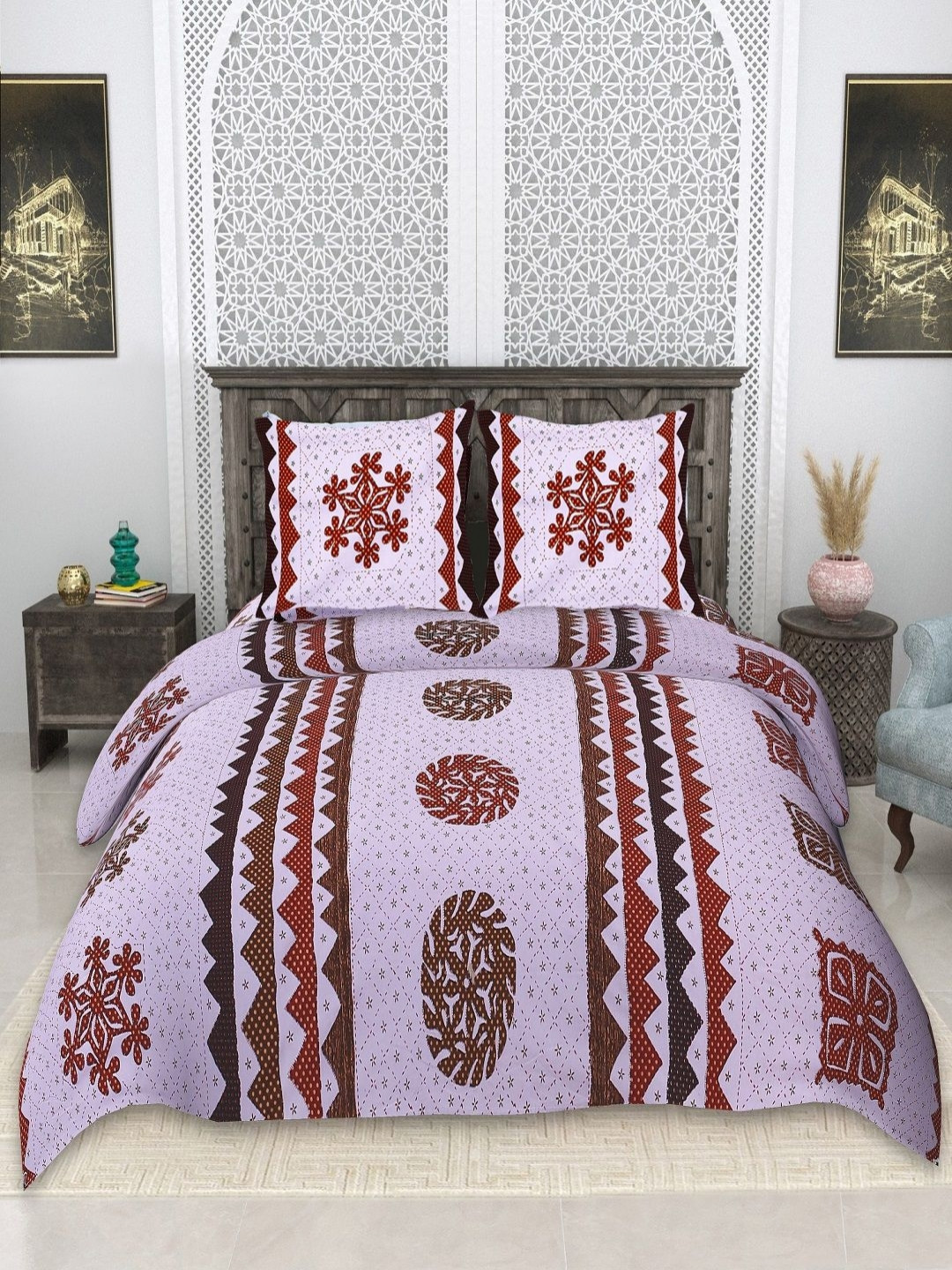 CHICERY Ultra Soft Purple Floral Cotton 210 TC King Bedsheet with 2 Pillow Covers-108 x 108 inches