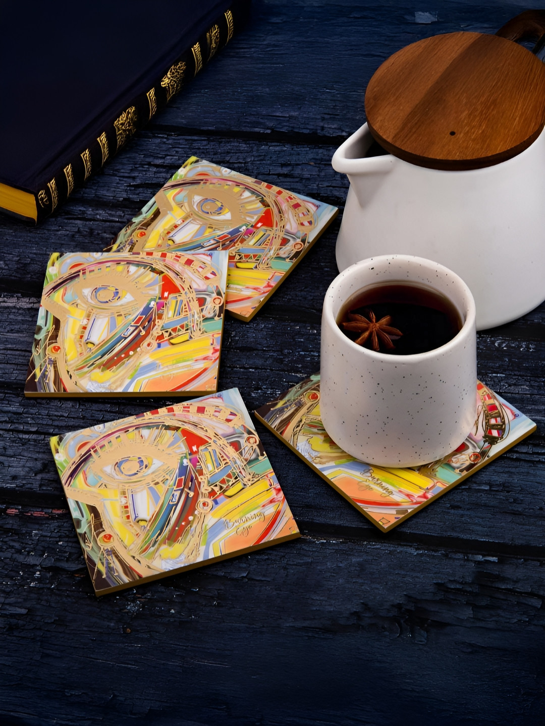 giBOX 4Pcs Yellow & Red Gold-Plated Printed Square Glossy Finish Wooden Coasters