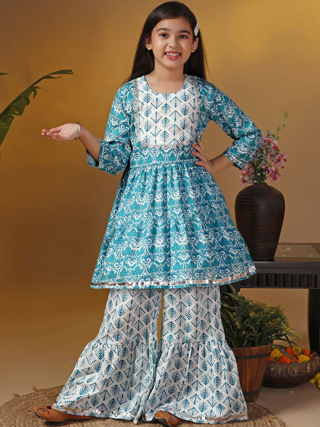 Sangria Girls Sky Blue Ethnic Motifs Printed Round Neck Kurta With Sharara