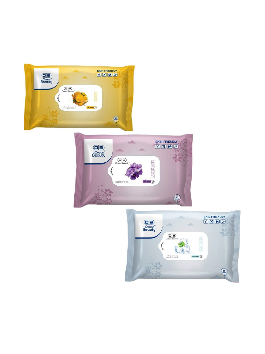 OB Ocean Beauty Set Of 3 Cleansing Moisturizing & Soothing Wet Wipes - 25 Pcs Each