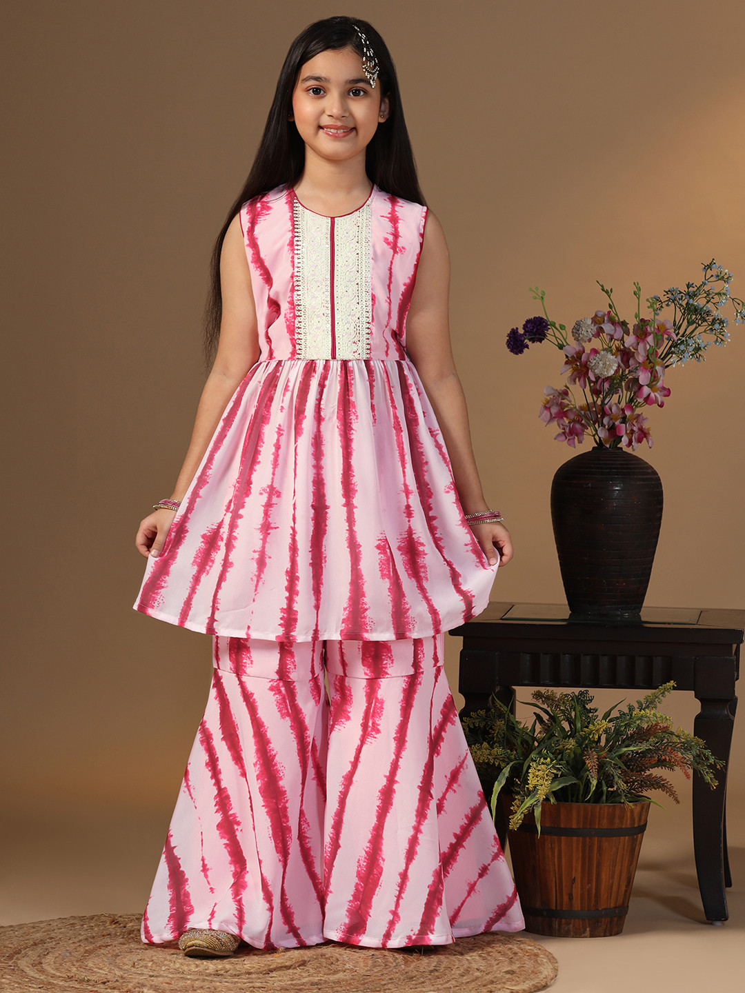Sangria Pink Girls Shibori Dyed Empire Sequinned Georgette Anarkali Kurti With Sharara