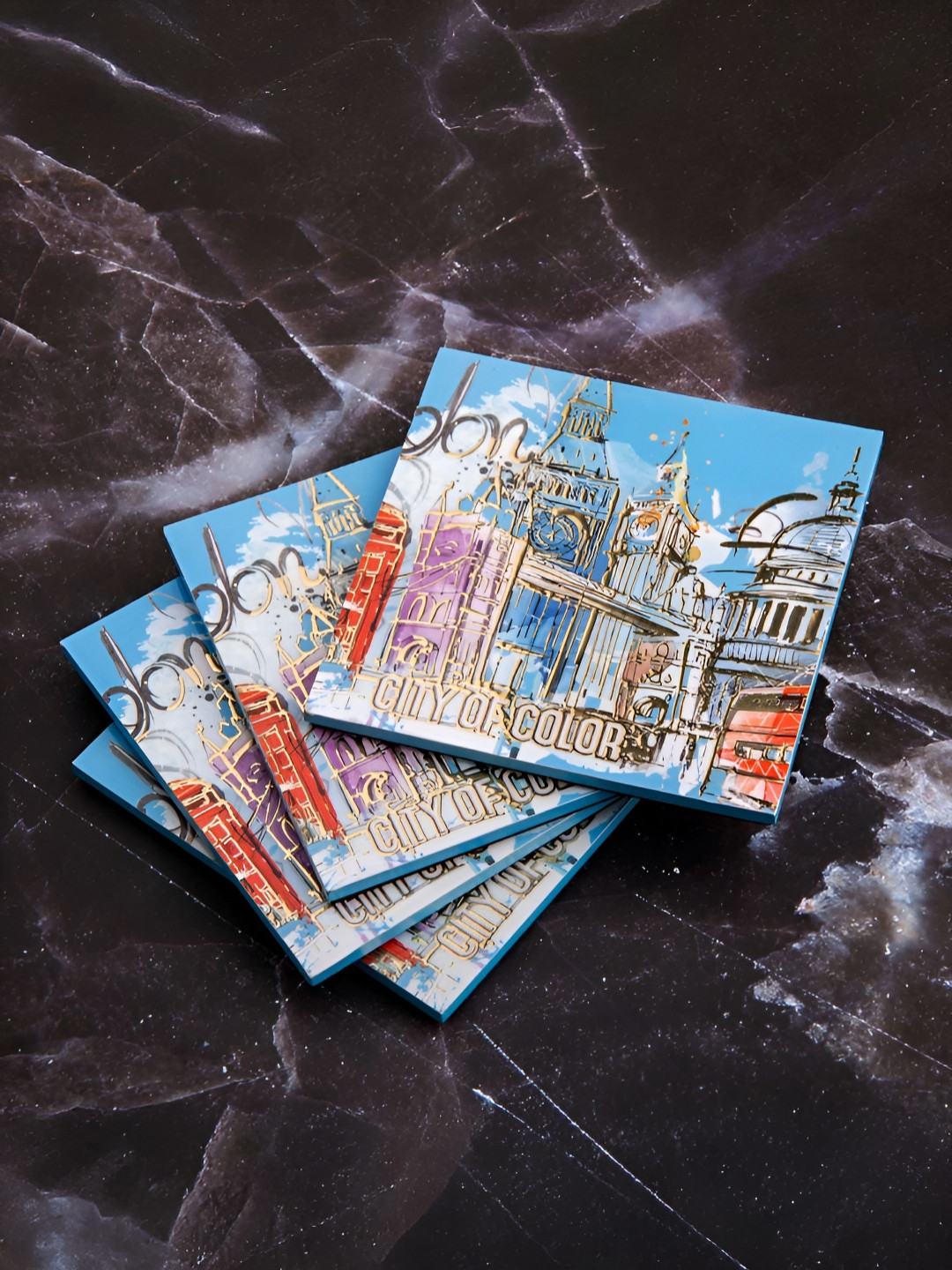 giBOX 4 Pieces Blue Gold-Plated Printed Square Glossy Finish Wooden Coasters