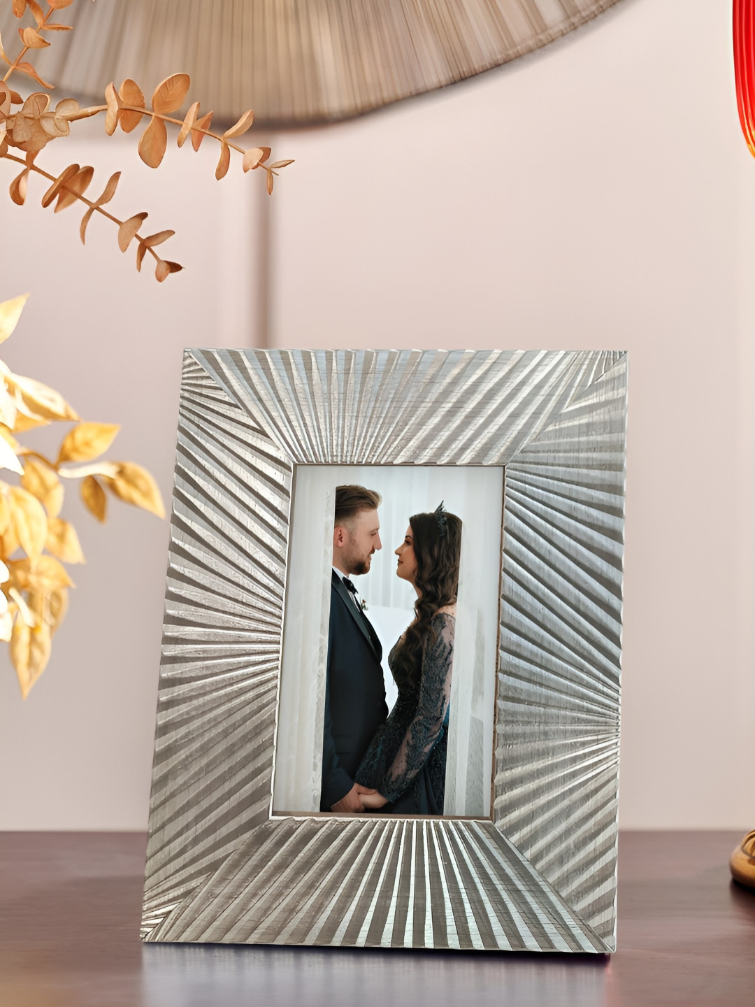 Art Street Silver Toned Self Design Printed MDF Table Photo Frame