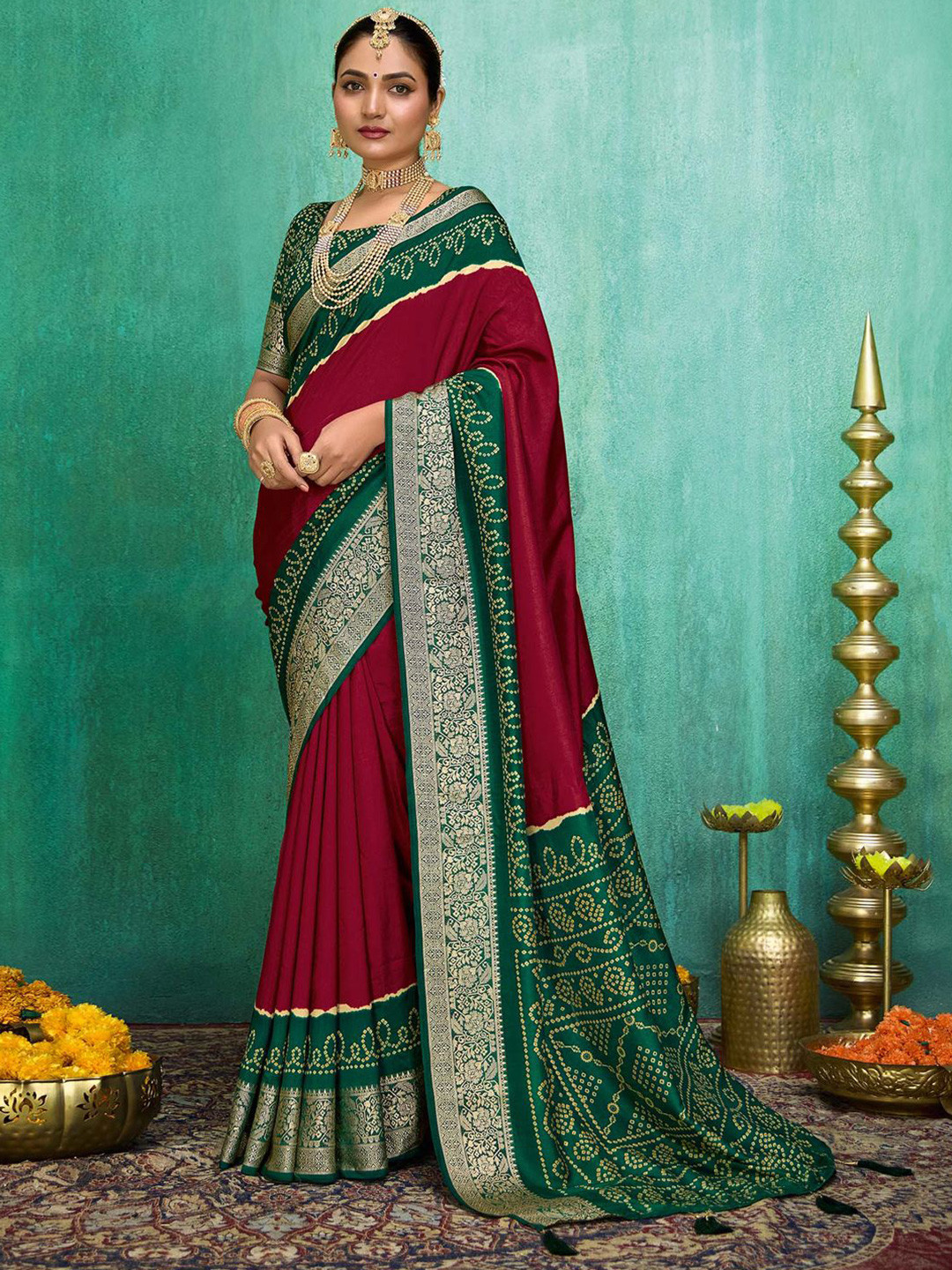 Anouk Bandhani Silk Blend Designer Bandhani Saree With Blouse Piece