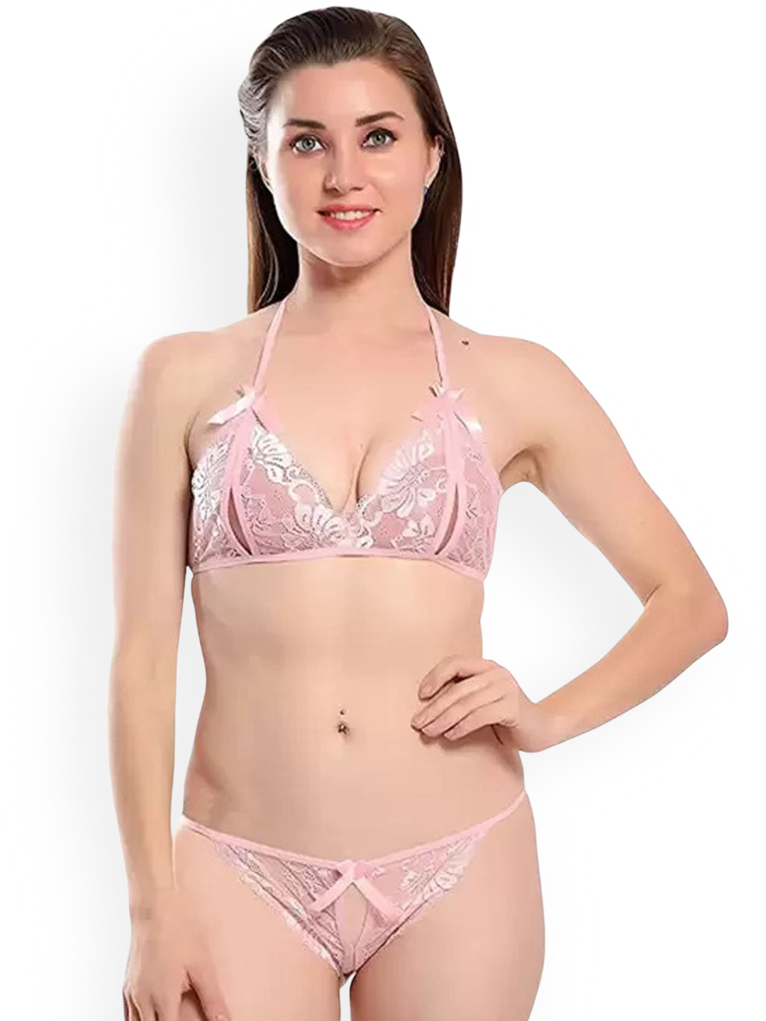 Fihana Women Halter Neck Net Lace Lingerie Set FPR-206-PINK-30B