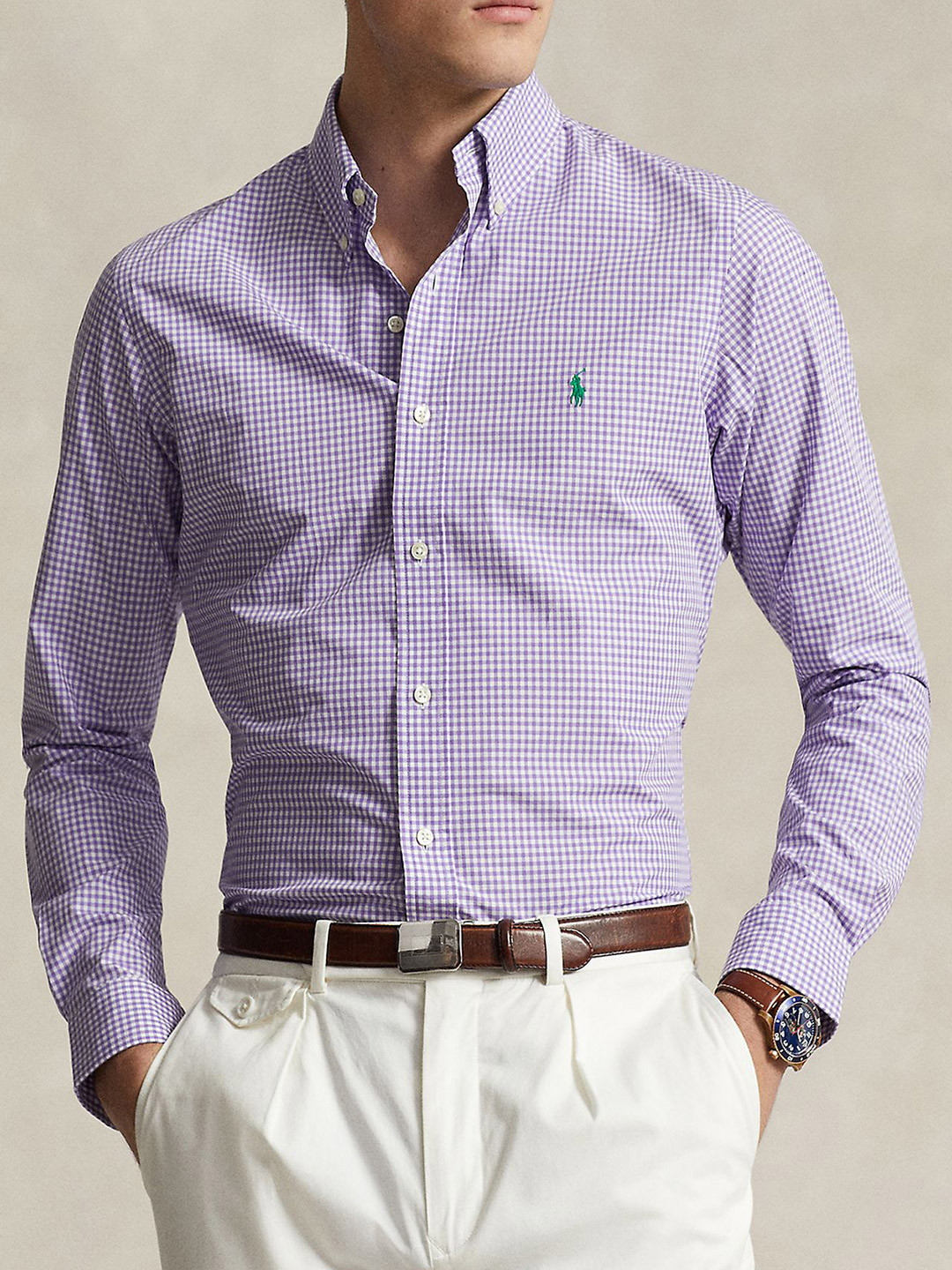 Polo Ralph Lauren Men Button-Down Collar Gingham Checked Cotton Casual Shirt