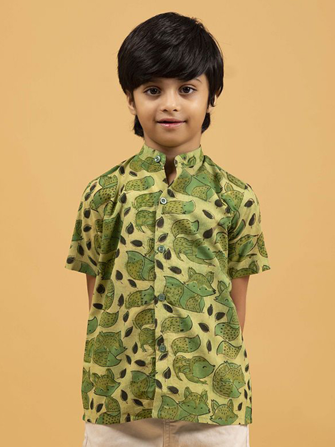 SPARSA Boys Standard Fit Band Collar Conversational Printed Cotton Casual Shirt