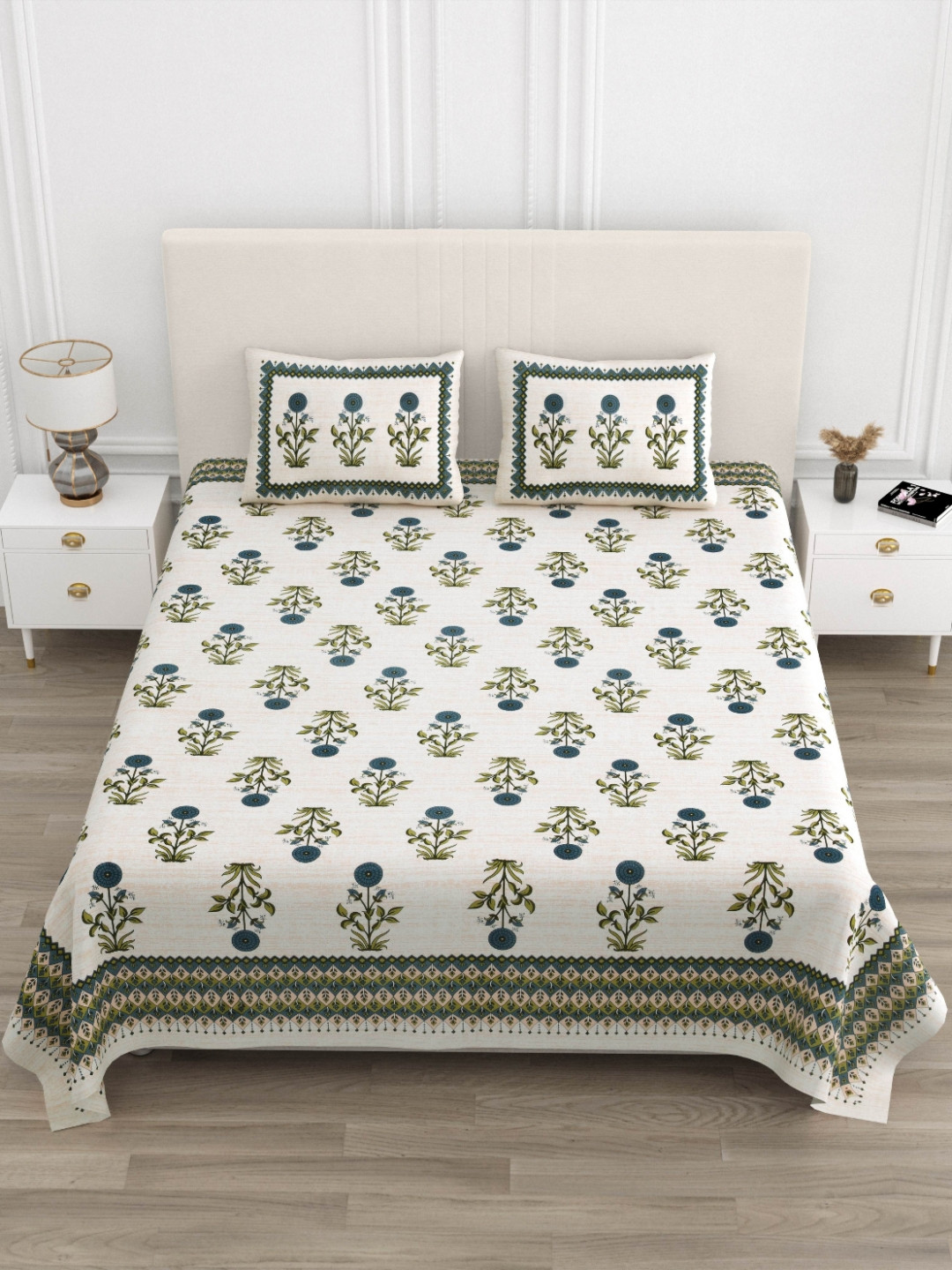 JAIPUR PRIME Magnet Jaipuri Treaditional Beige Floral Pure Cotton 180 TC King Fine Bedsheet with 2 Pillow Covers-108 x 100 inches