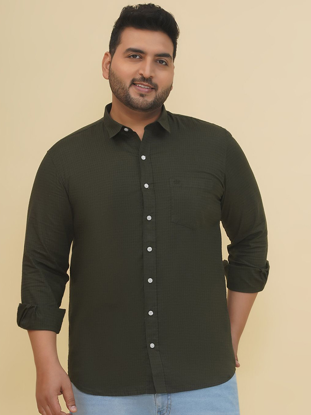 John Pride Plus Size Men Regular Fit Geometric Long Sleeves Green Cotton Casual Shirt
