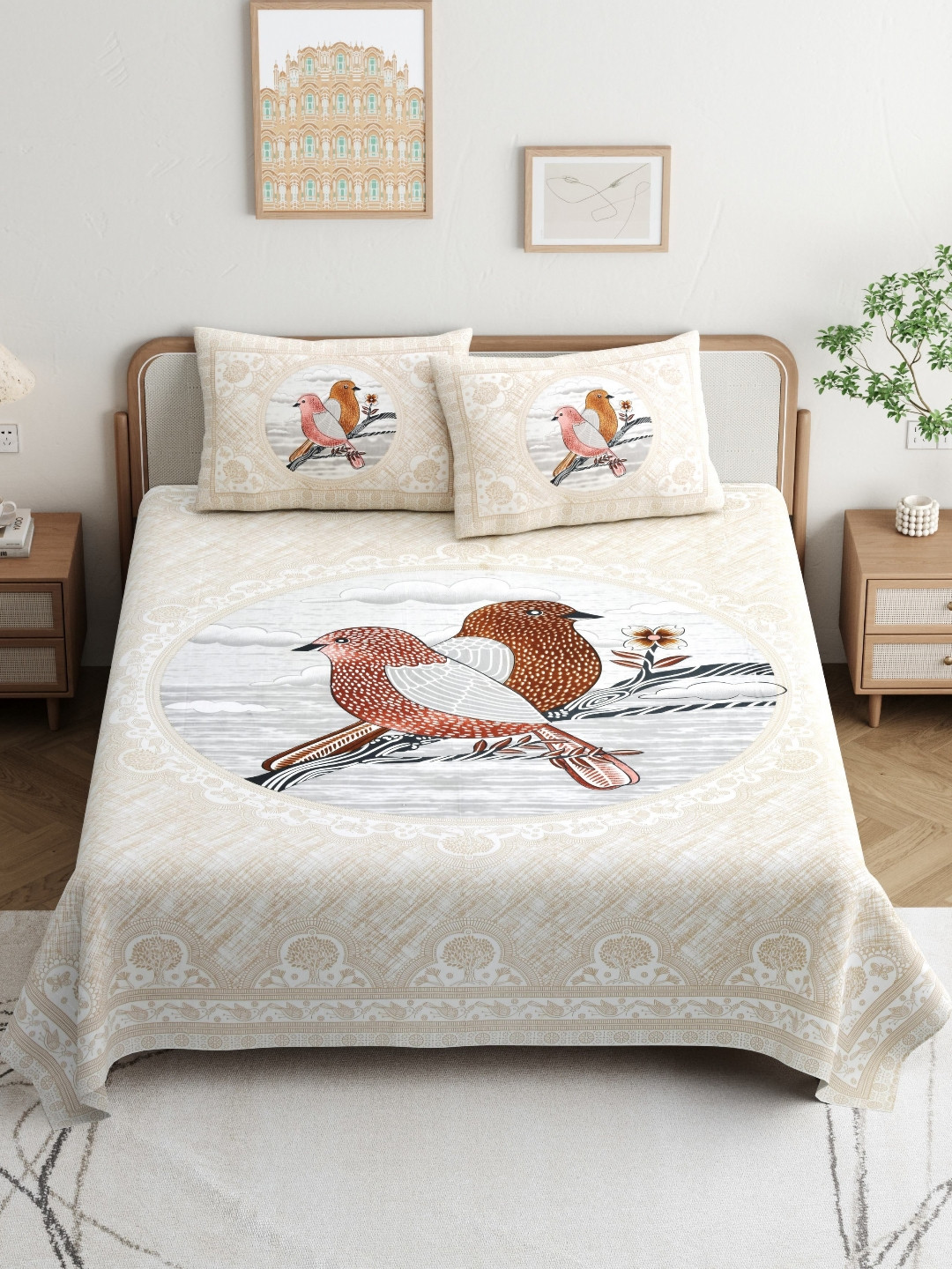 JAIPUR PRIME Magnet Brown Graphic Cotton 180 TC King Superfine Bedsheet with 2 Pillow Covers-108 x 100 inches