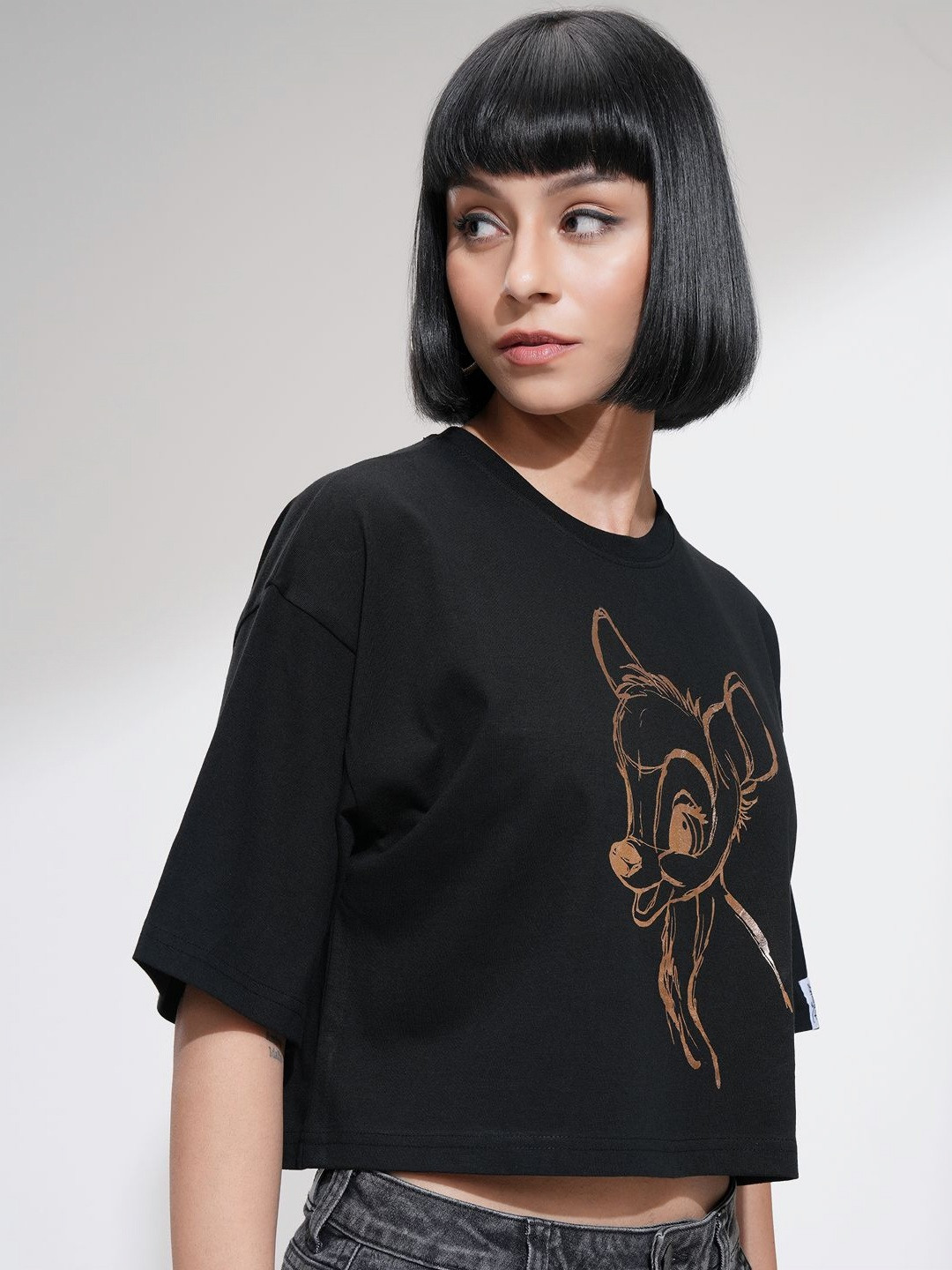 Tokyo Talkies Disney Women Bambi Foil Printed Boxy Fit Crop T-Shirt