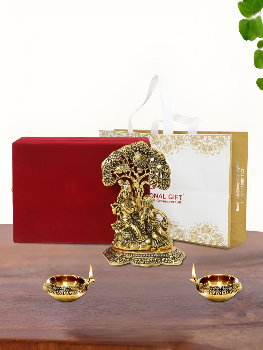INTERNATIONAL GIFT Radha Krishna with Diya, Box and Carry Bag Gold Metal Metallic Prayer Room Set of 3 Medium Showpieces - 2.8 Inches