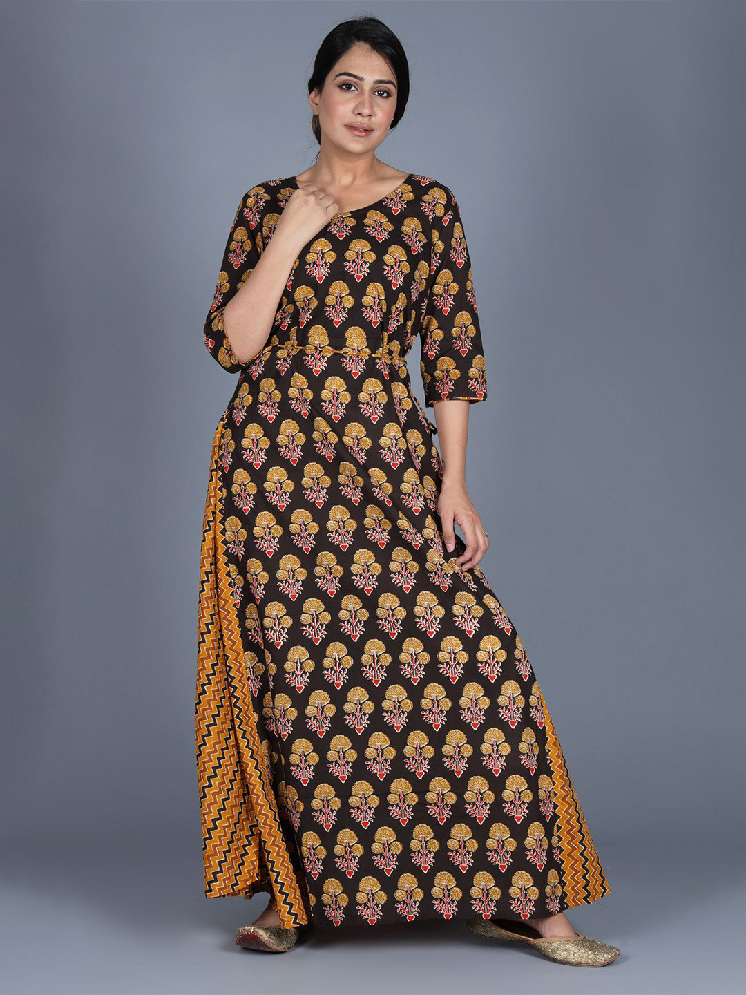 Anootha Floral Print Fit & Flare Maxi Dress With Three Quater Sleeves